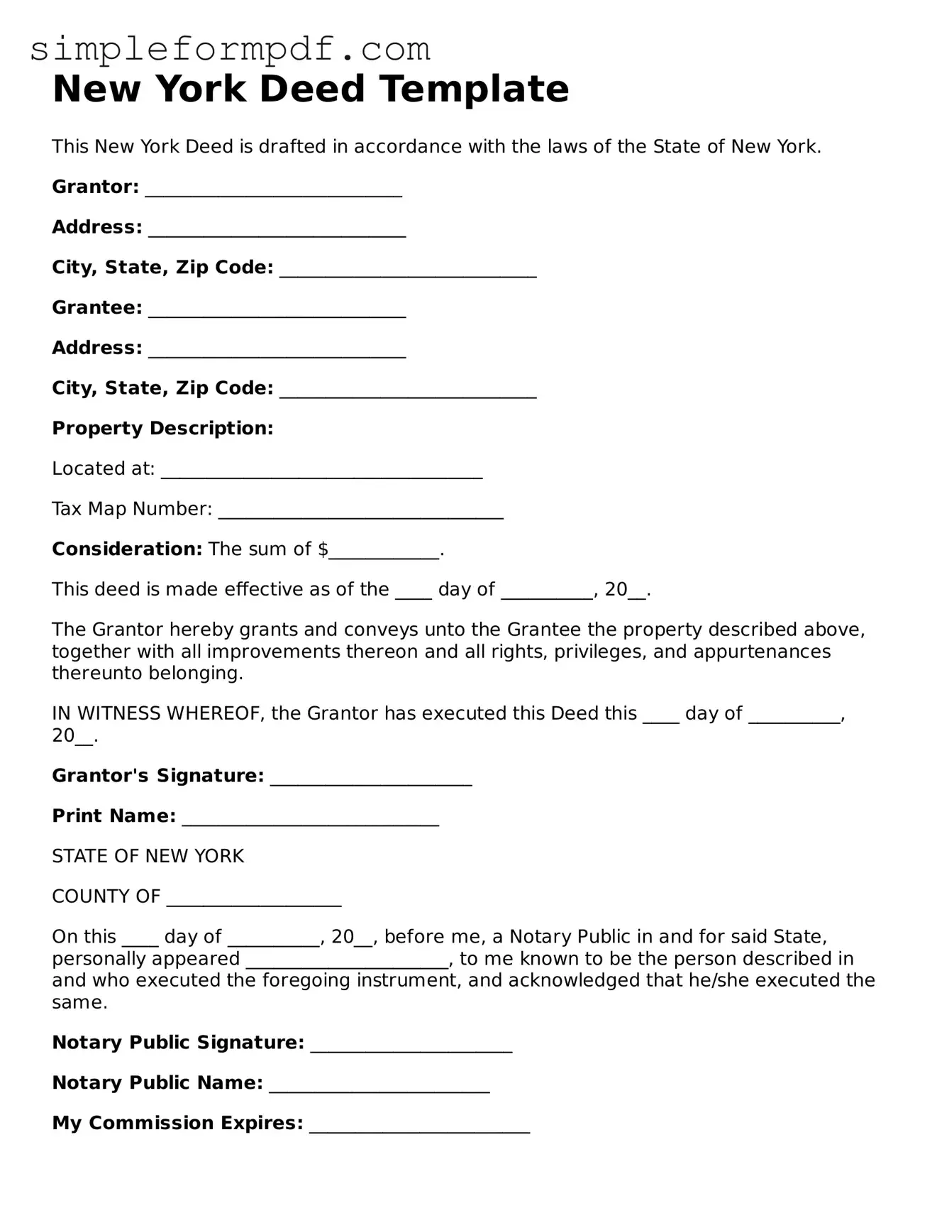 Free Deed Form for the State of New York