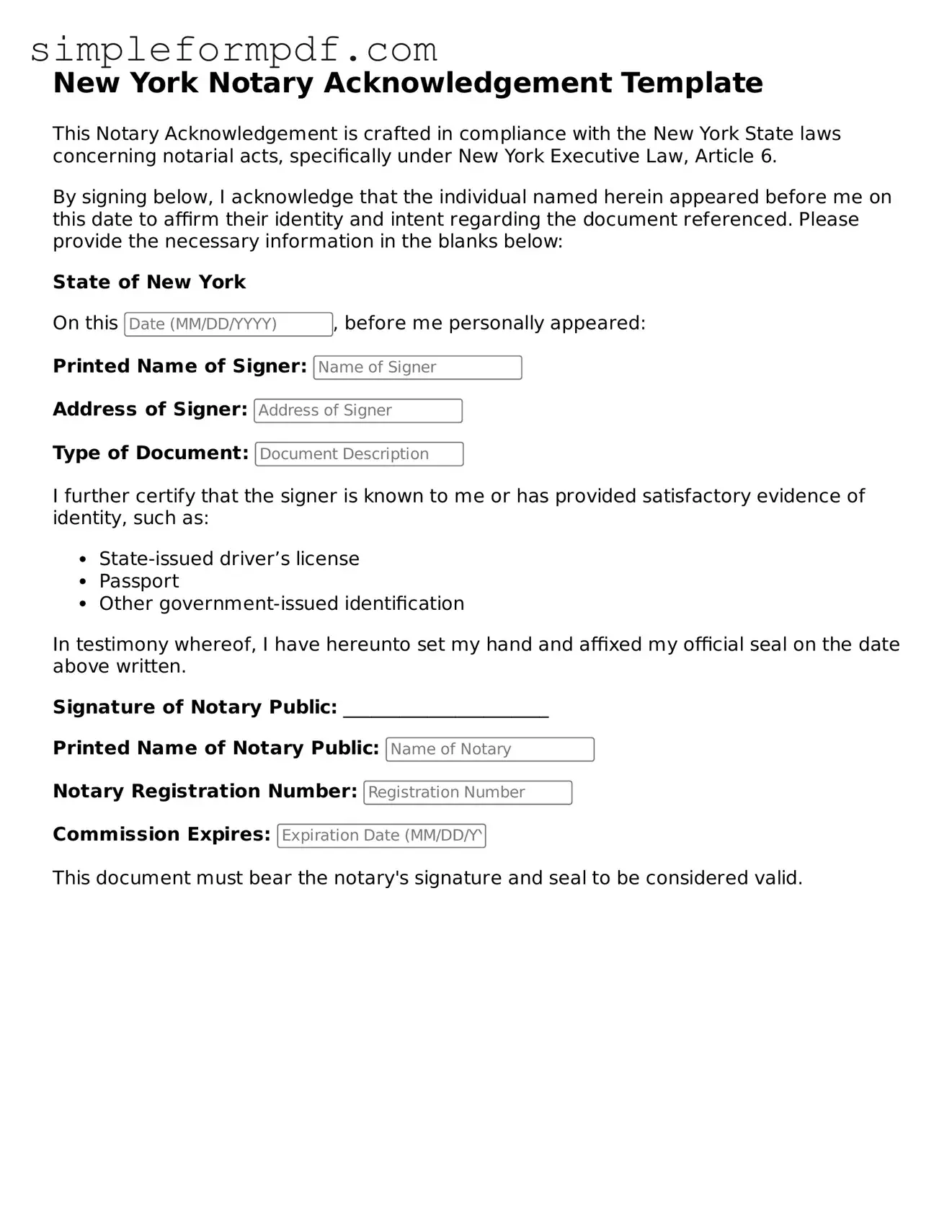 Free Notary Acknowledgement Form for the State of New York