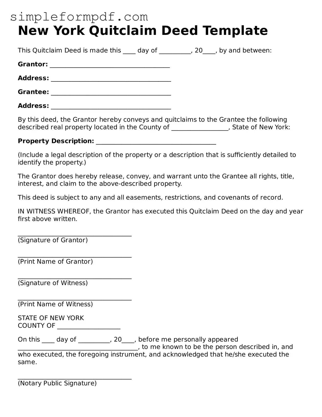 Free Quitclaim Deed Form for the State of New York