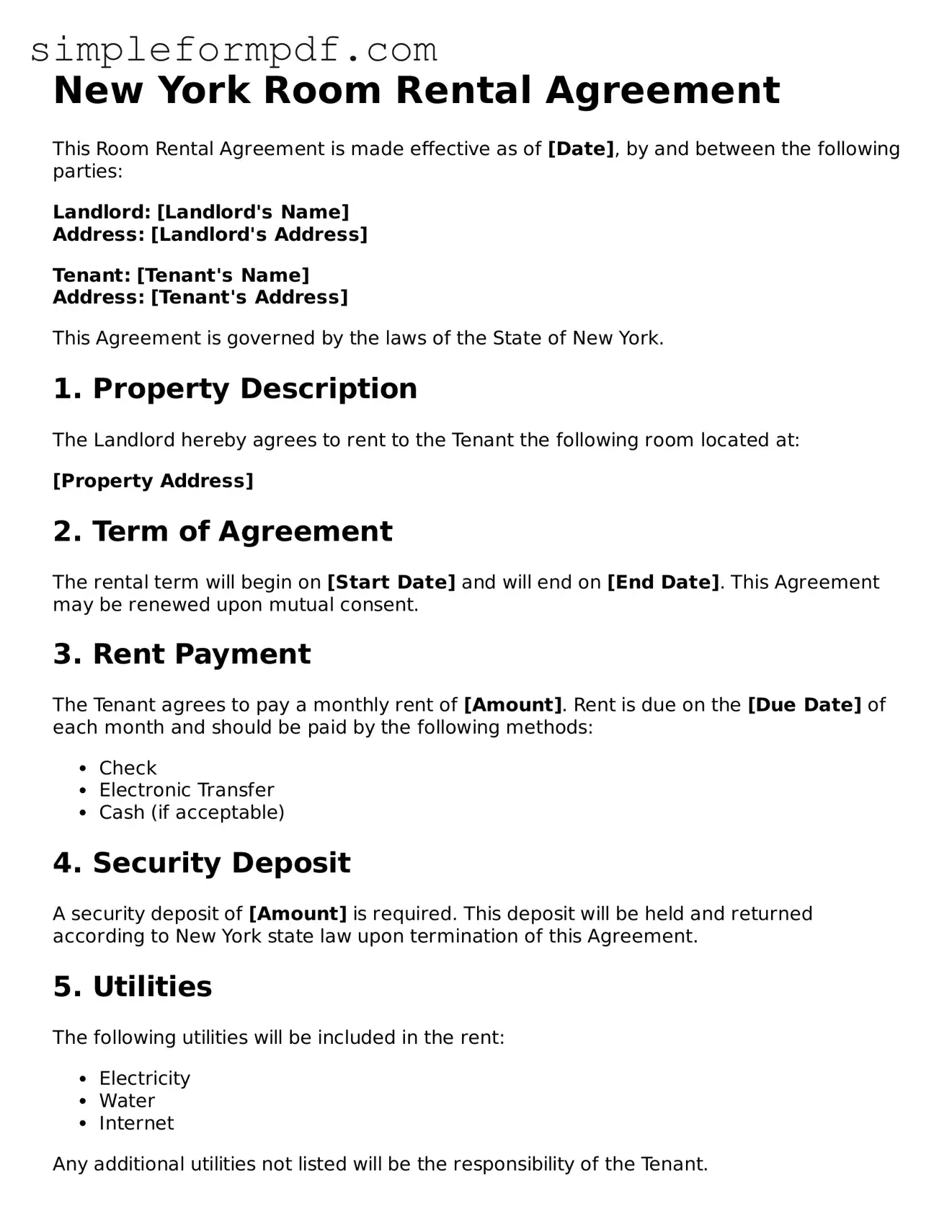 Free Room Rental Agreement Form for the State of New York