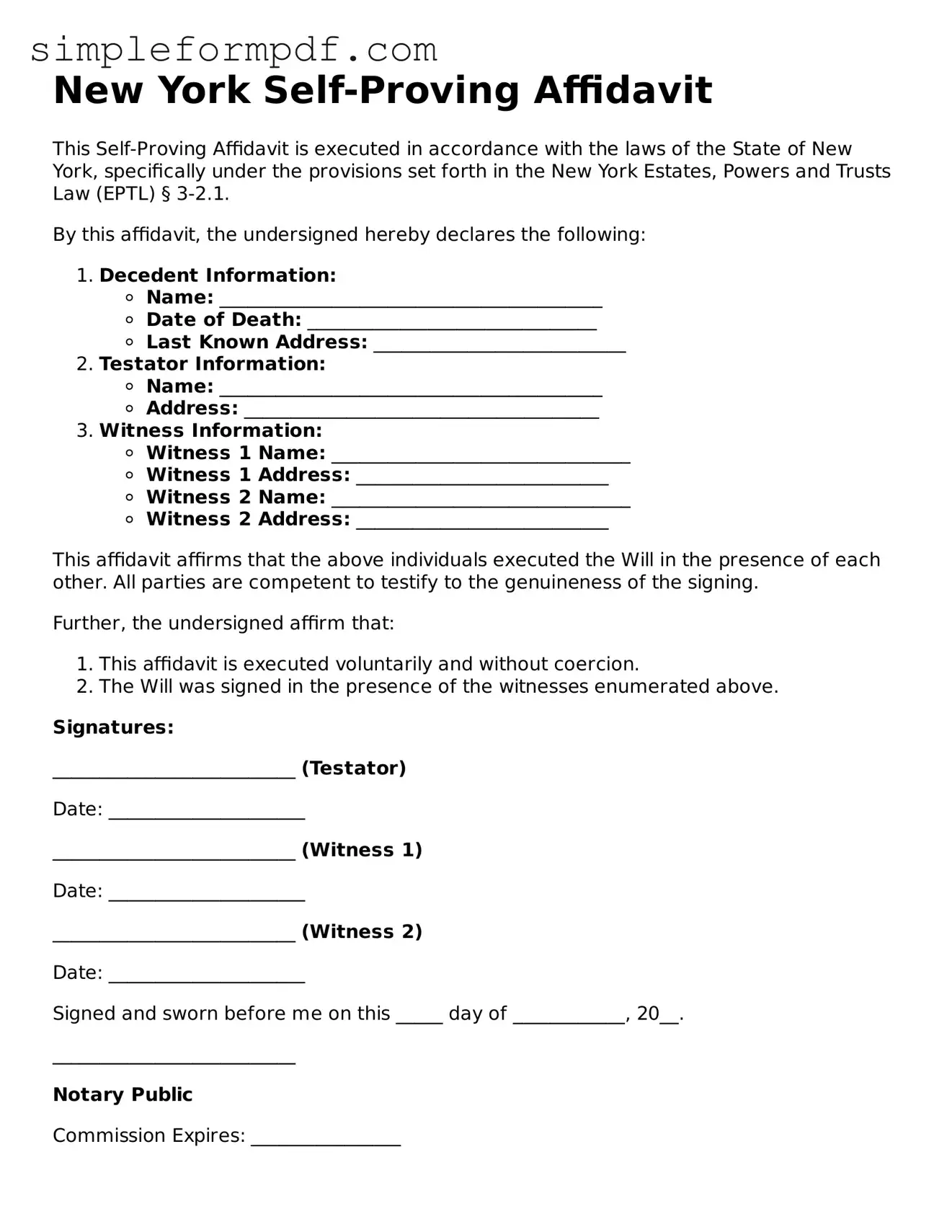 Free Self-Proving Affidavit Form for the State of New York