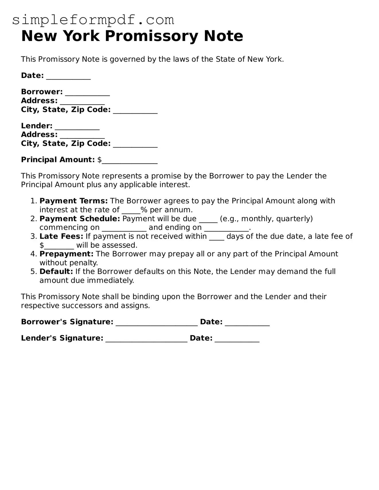 Free Promissory Note Form for the State of New York