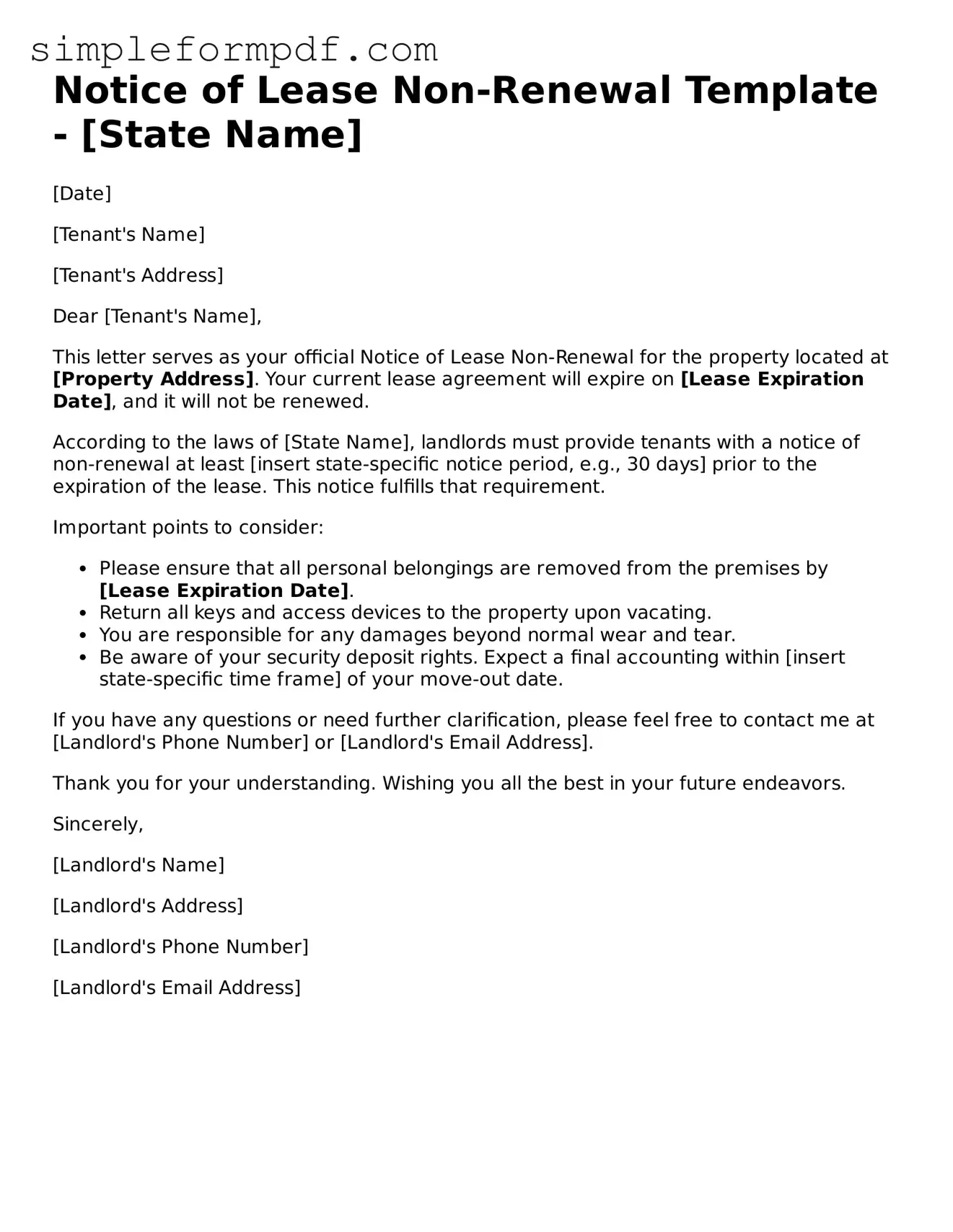 Fillable Notice of Lease Non-Renewal Template