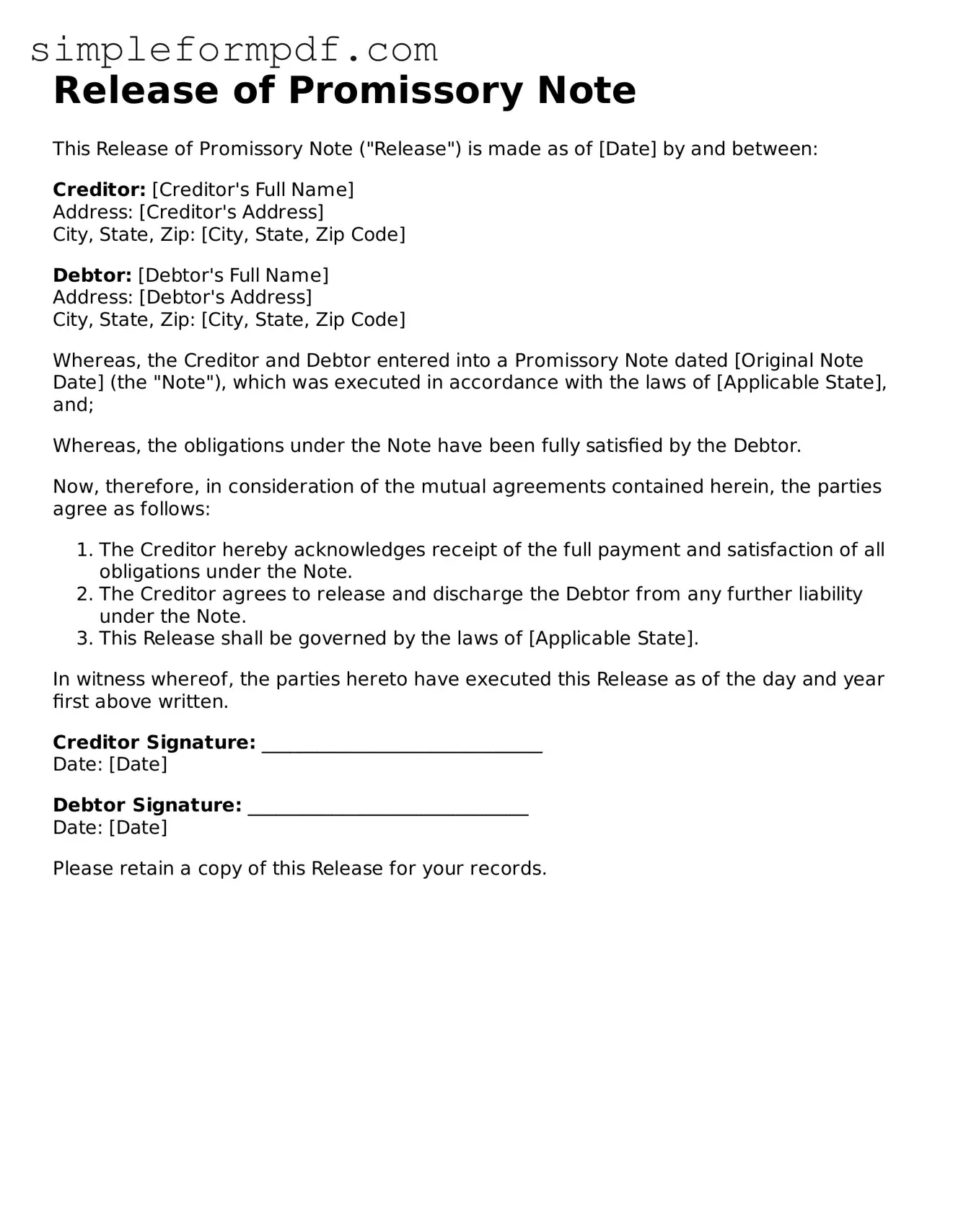 Fillable Release of Promissory Note Template