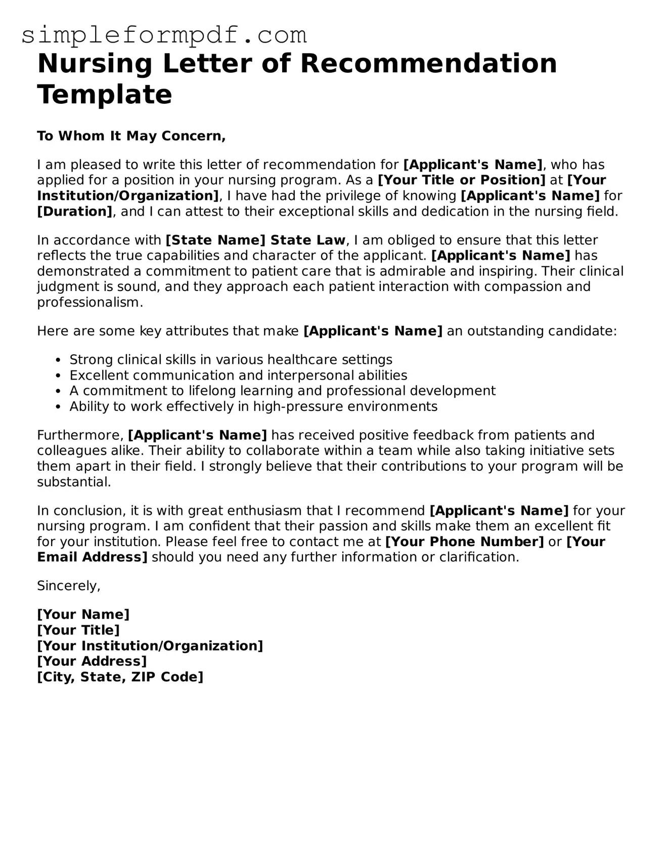 Fillable Nursing Letter of Recommendation Template