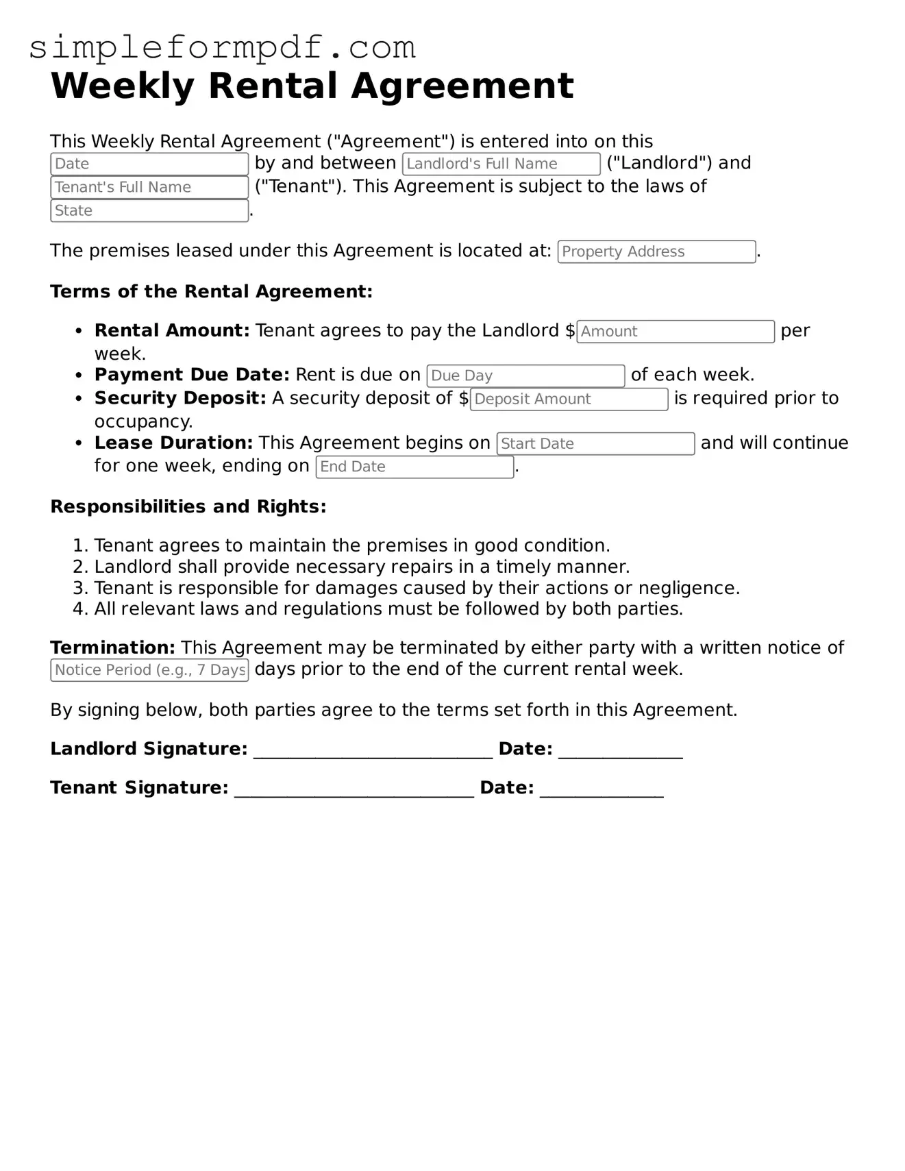 Fillable Weekly Rental Agreement Template