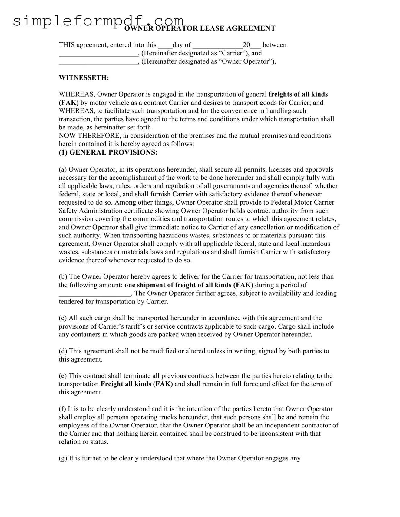 Owner Operator Lease Agreement PDF Form