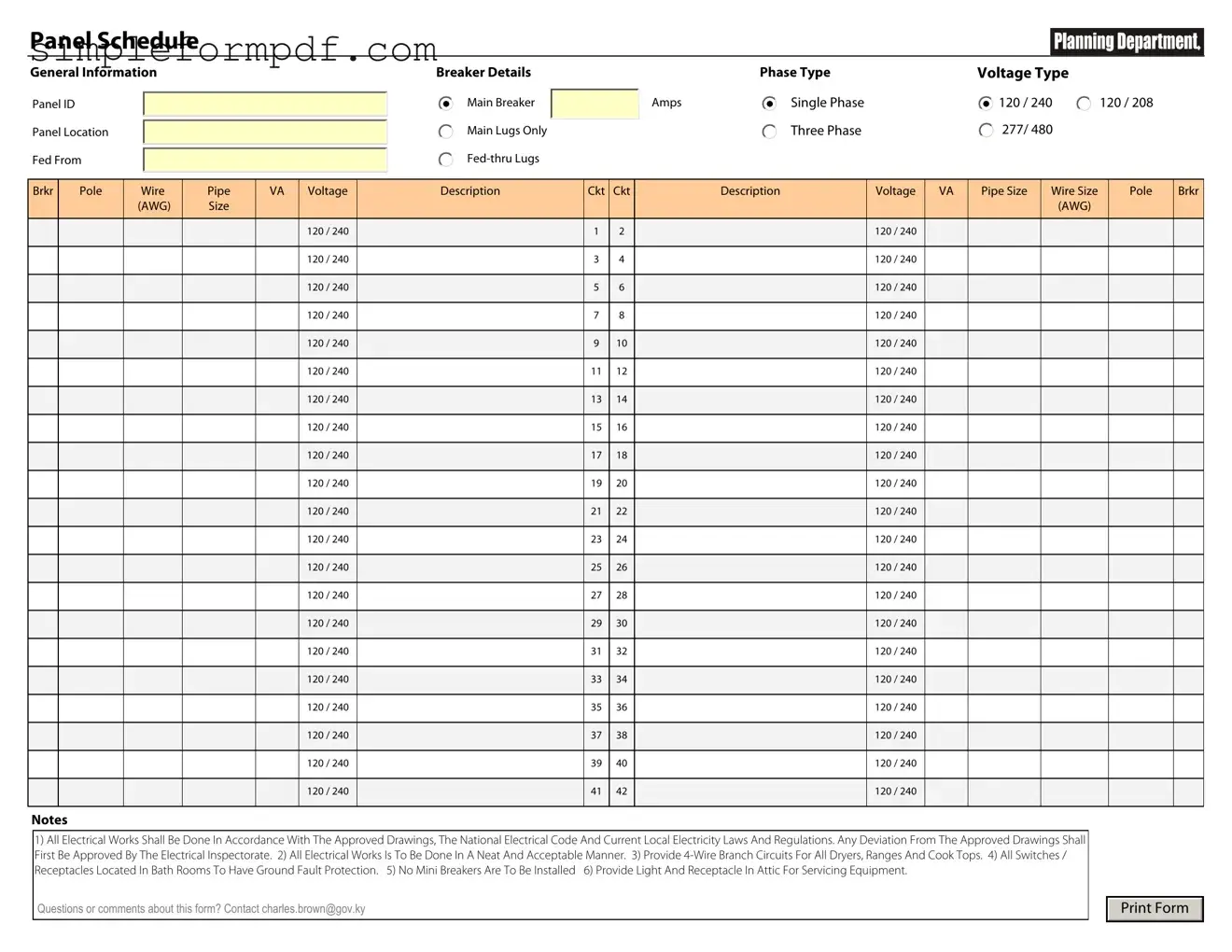Electrical Panel Schedule PDF Form