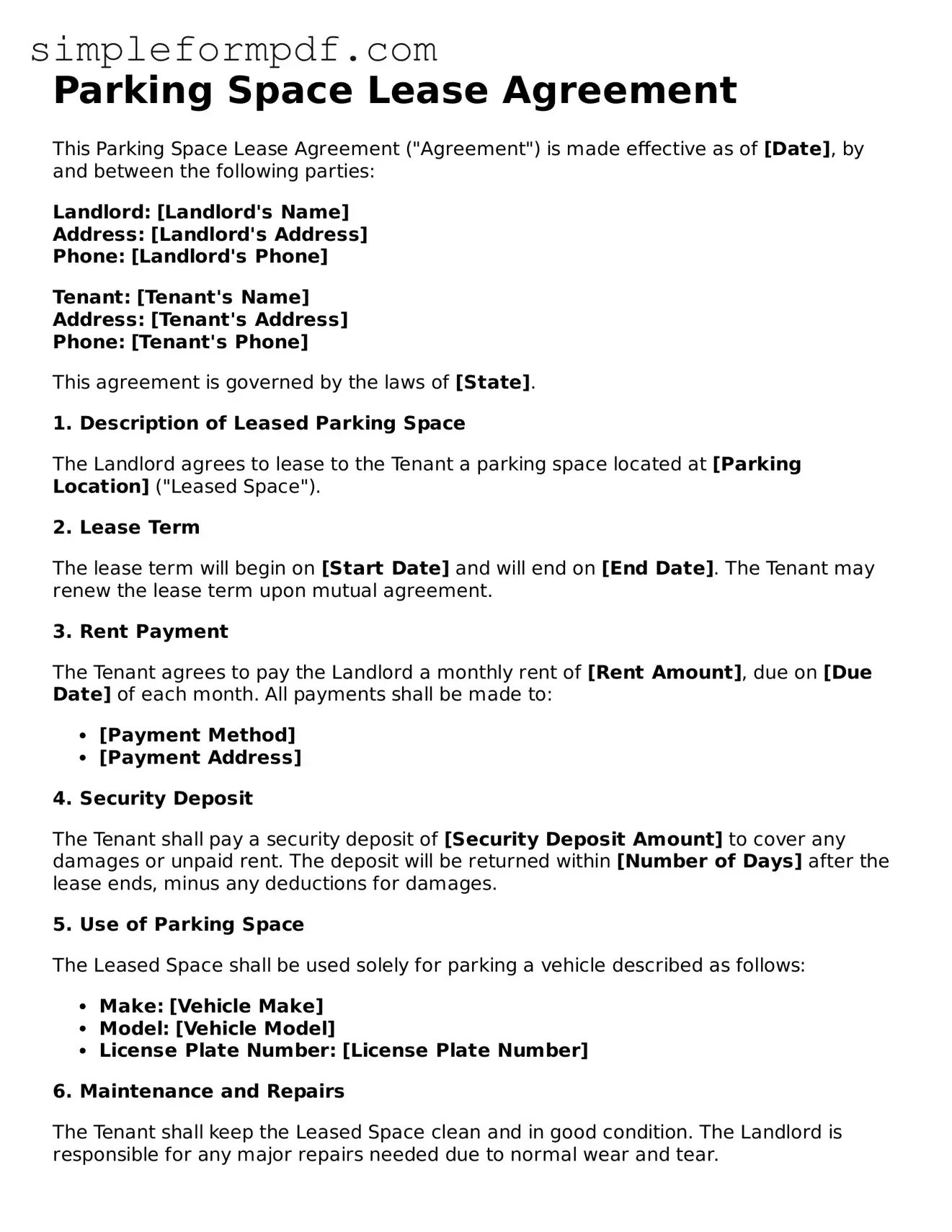 Fillable Parking Space Lease Agreement Template