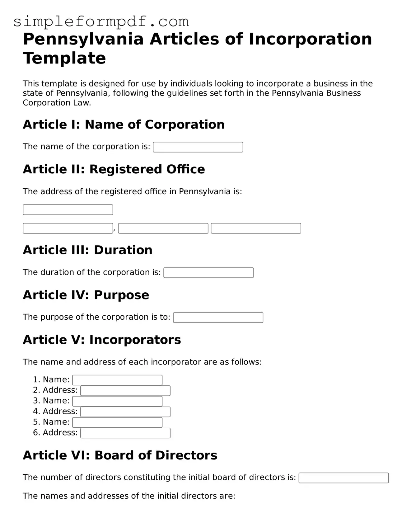 Free Articles of Incorporation Form for the State of Pennsylvania