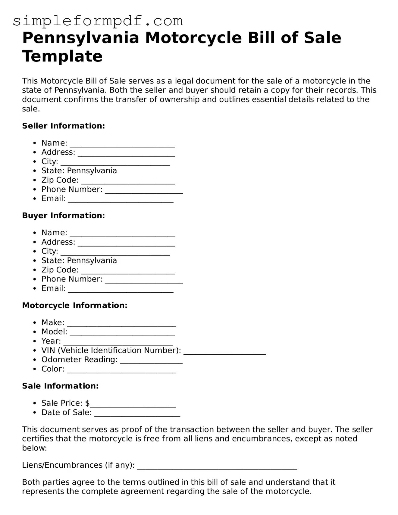 Free Motorcycle Bill of Sale Form for the State of Pennsylvania