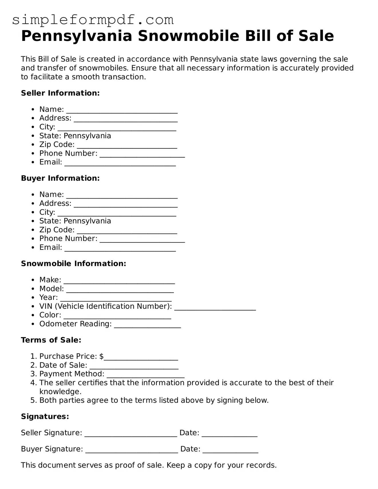 Free Snowmobile Bill of Sale Form for the State of Pennsylvania