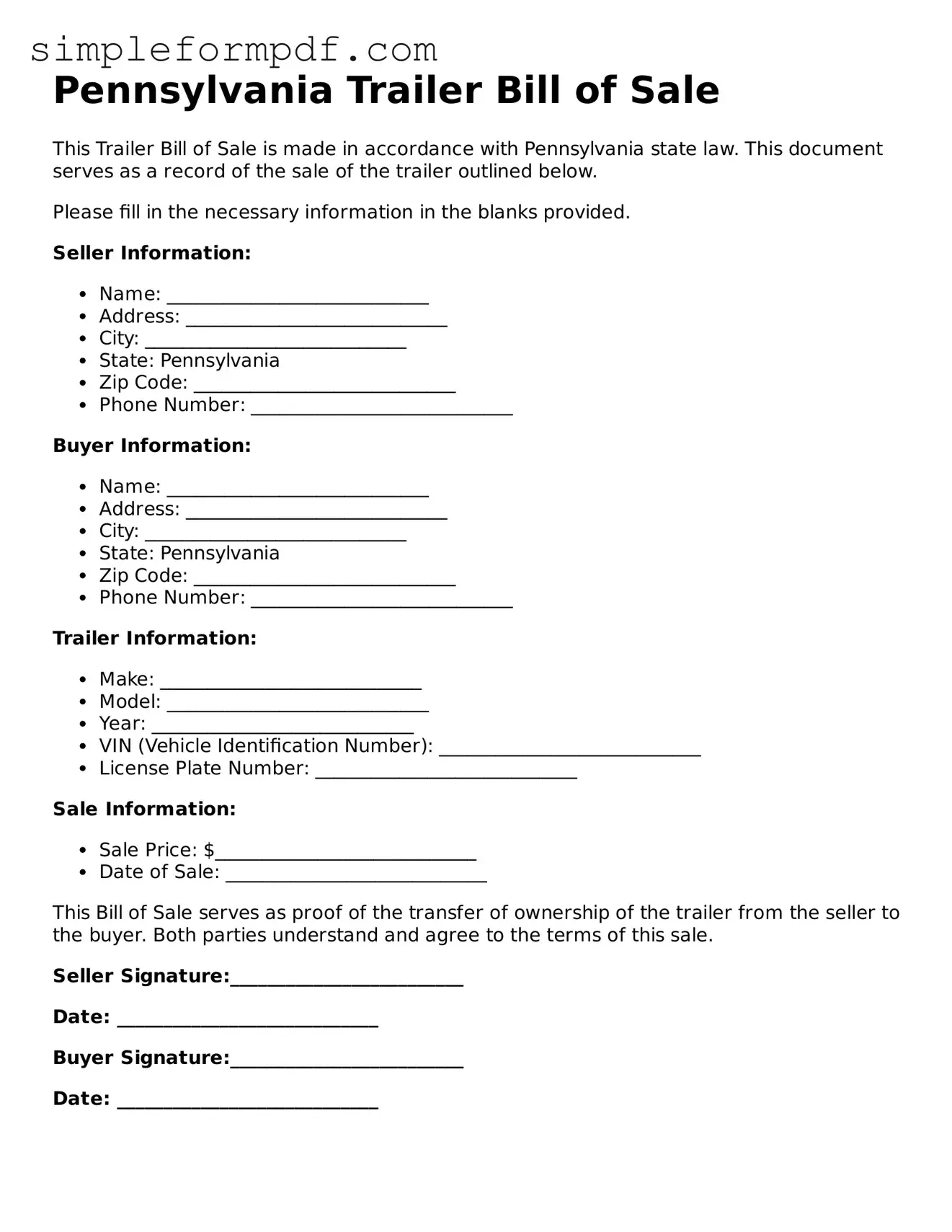 Free Trailer Bill of Sale Form for the State of Pennsylvania