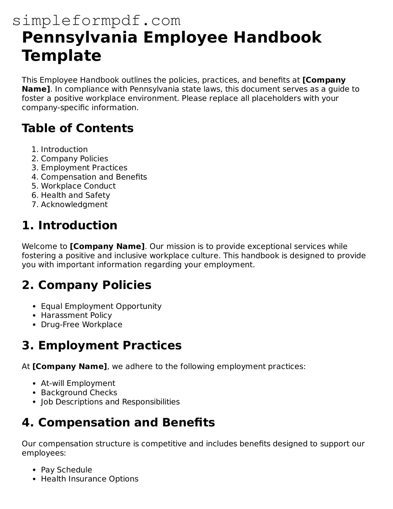 Free Employee Handbook Form for the State of Pennsylvania