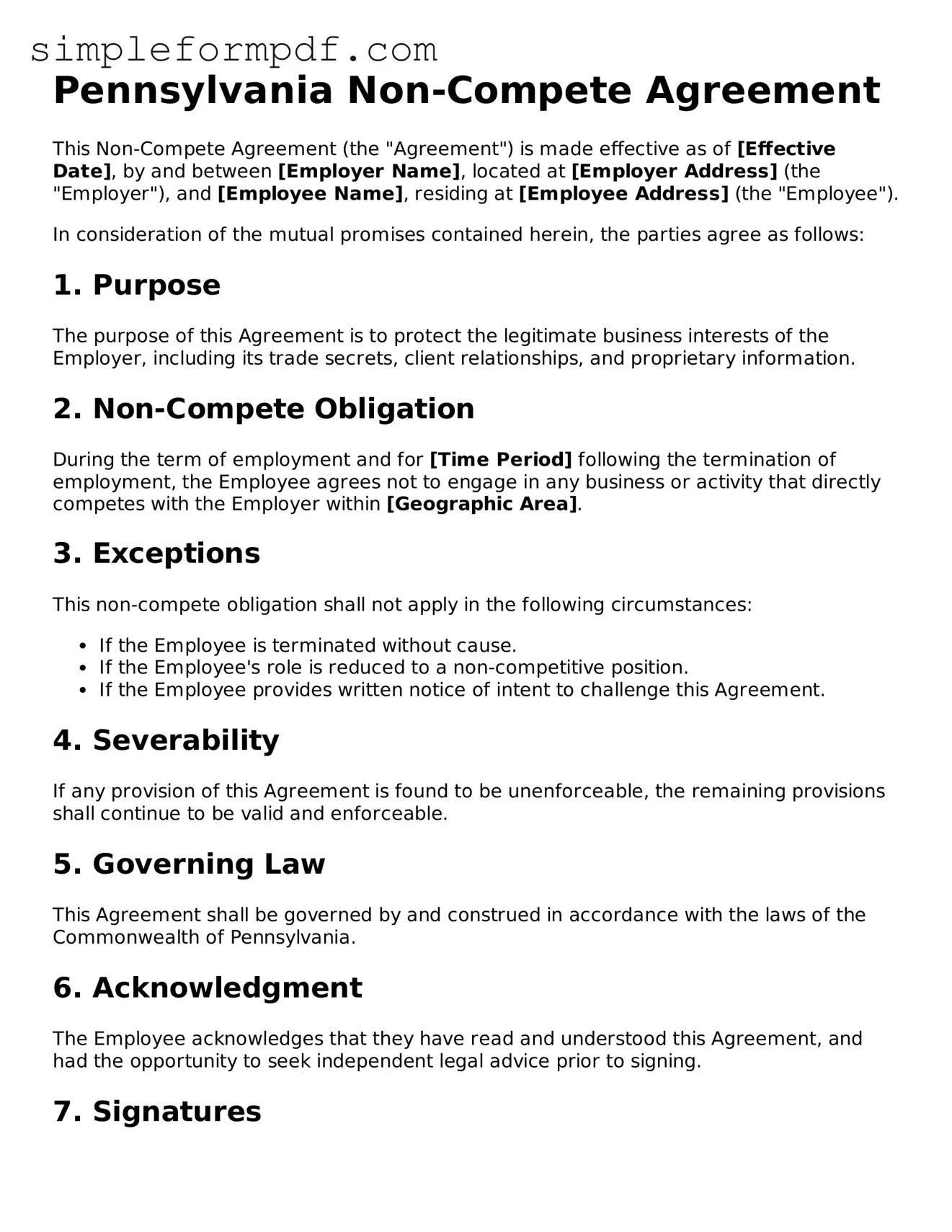 Free Non-compete Agreement Form for the State of Pennsylvania