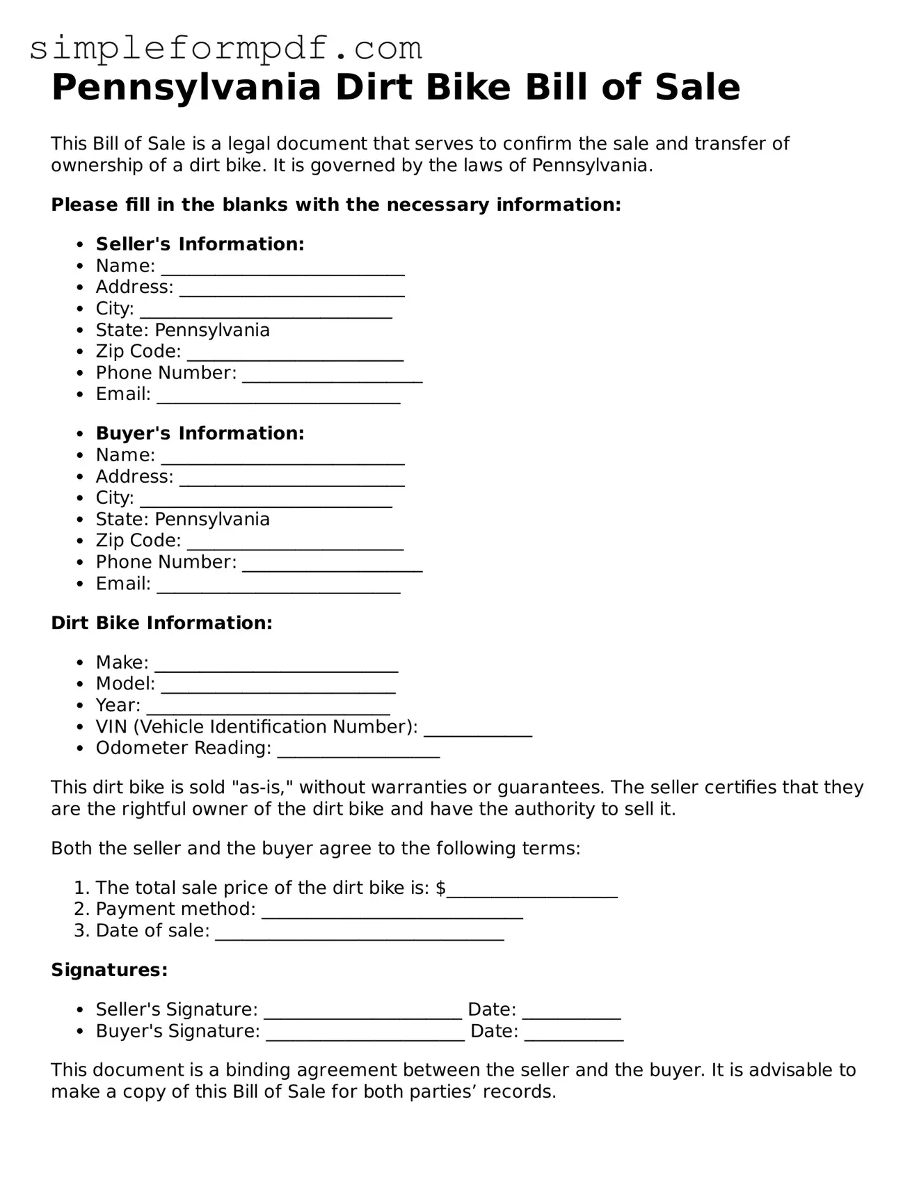 Free Dirt Bike Bill of Sale Form for the State of Pennsylvania