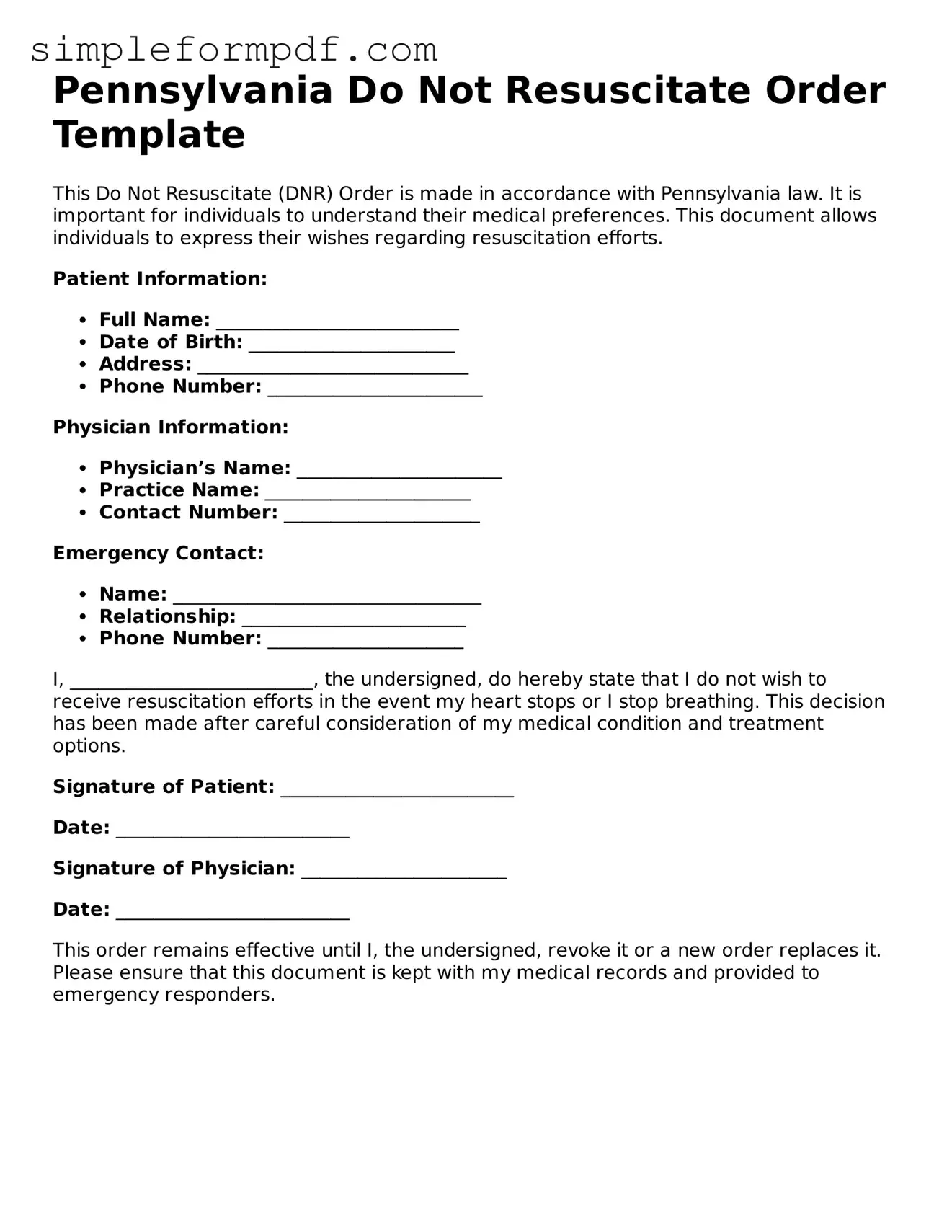 Free Do Not Resuscitate Order Form for the State of Pennsylvania