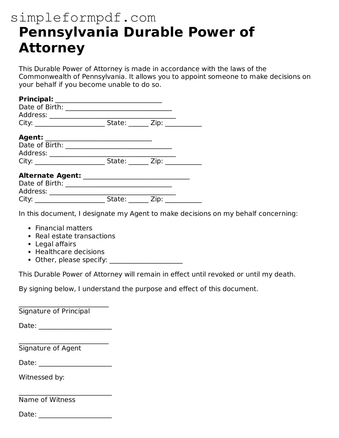 Free Durable Power of Attorney Form for the State of Pennsylvania