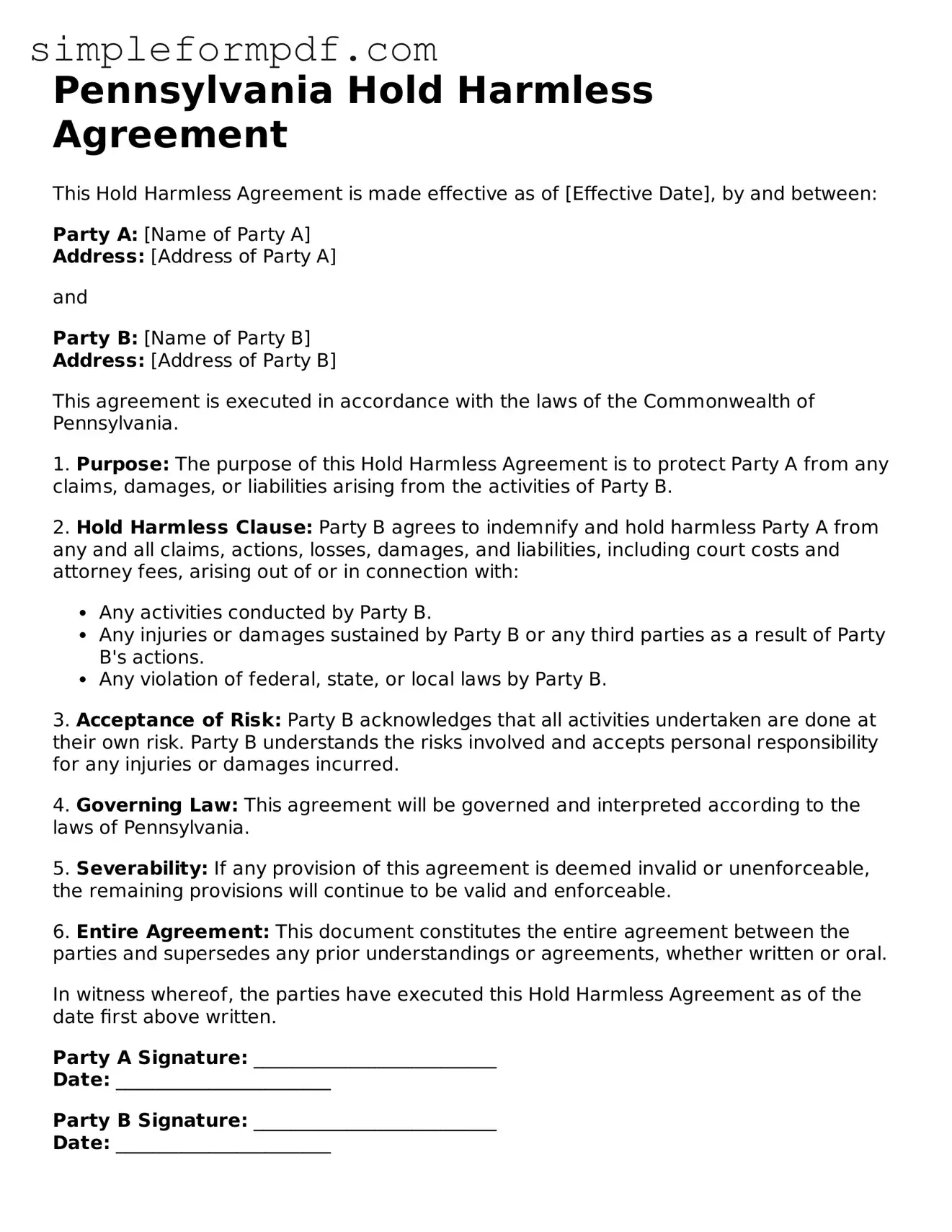 Free Hold Harmless Agreement Form for the State of Pennsylvania