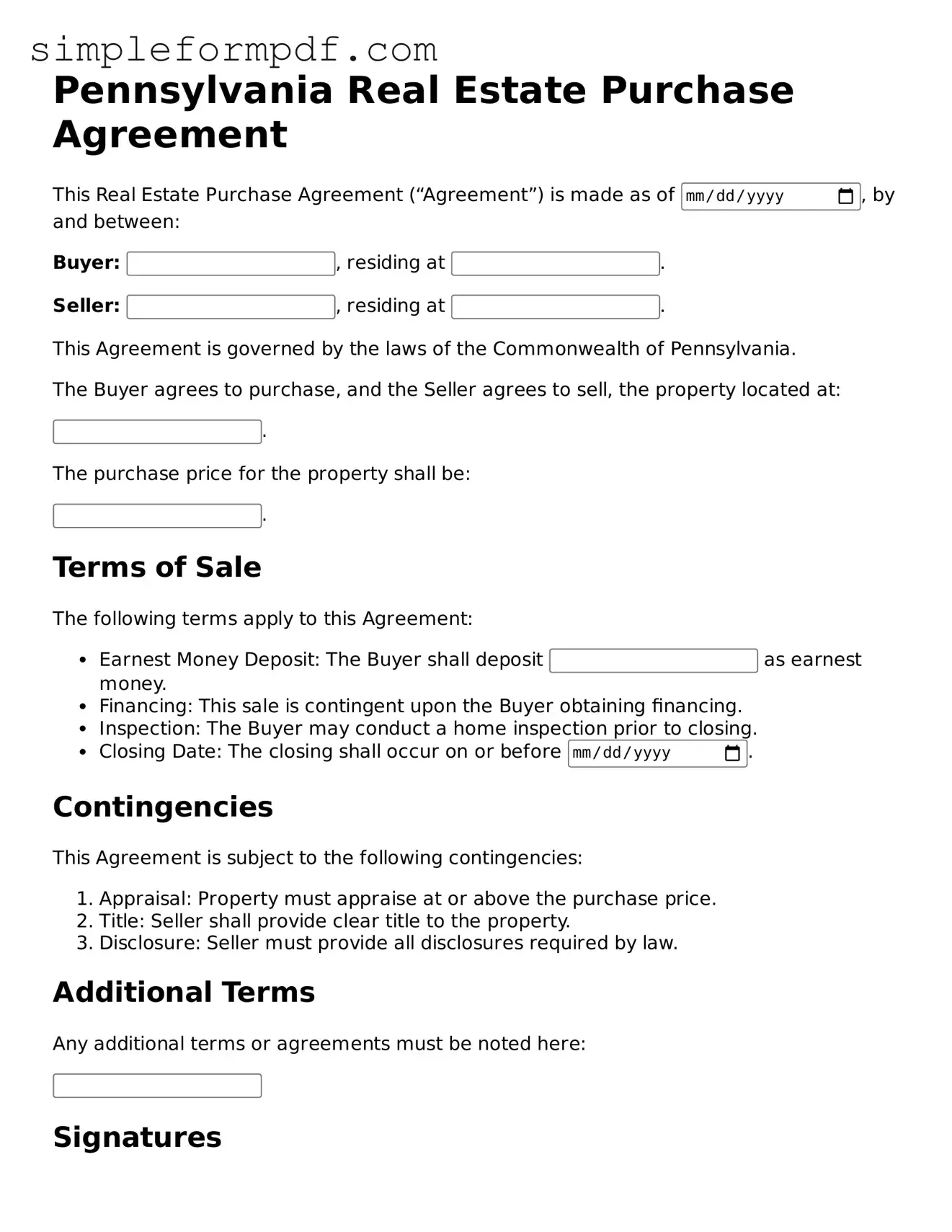 Free Real Estate Purchase Agreement Form for the State of Pennsylvania
