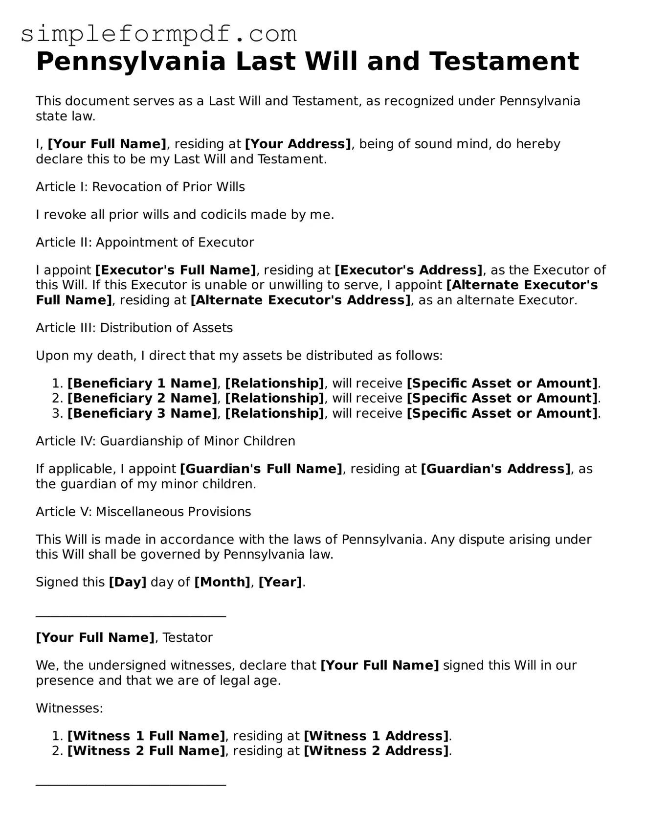 Free Last Will and Testament Form for the State of Pennsylvania