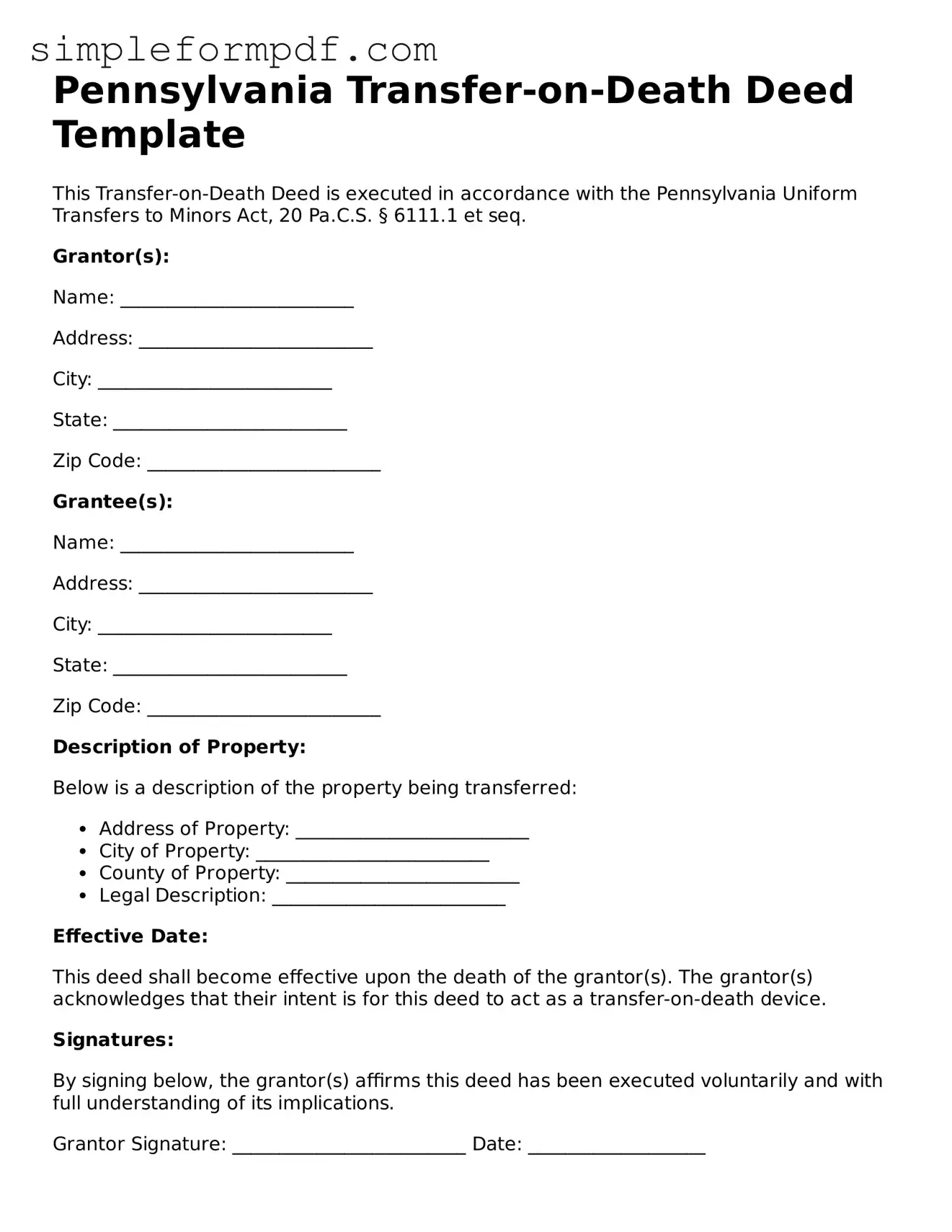 Free Transfer-on-Death Deed Form for the State of Pennsylvania