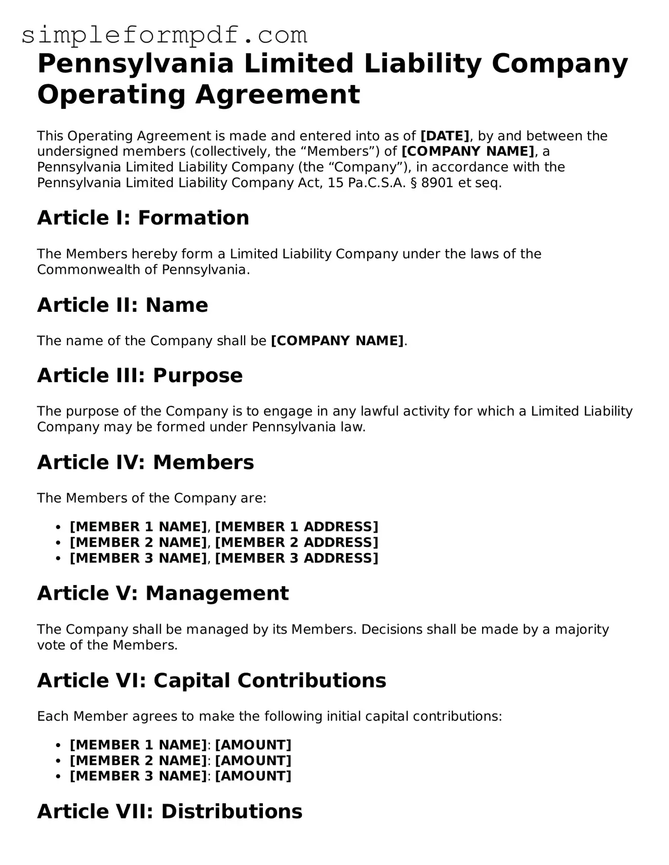 Free Operating Agreement Form for the State of Pennsylvania