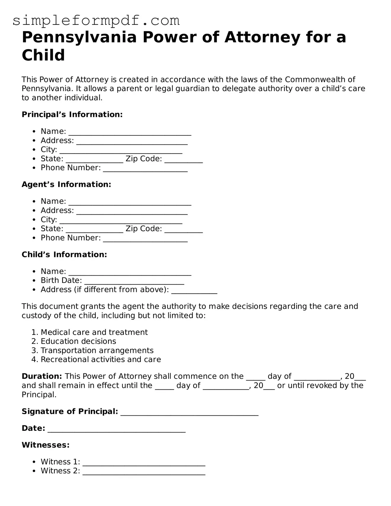 Free Power of Attorney for a Child Form for the State of Pennsylvania