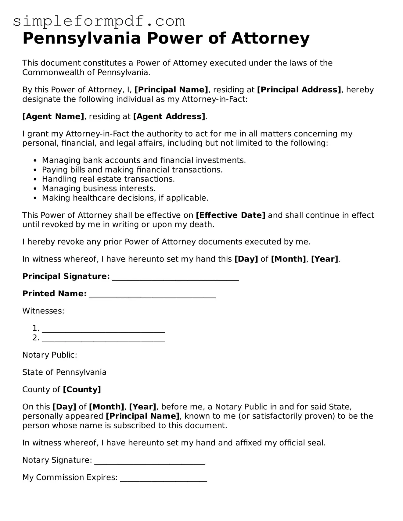 Free Power of Attorney Form for the State of Pennsylvania