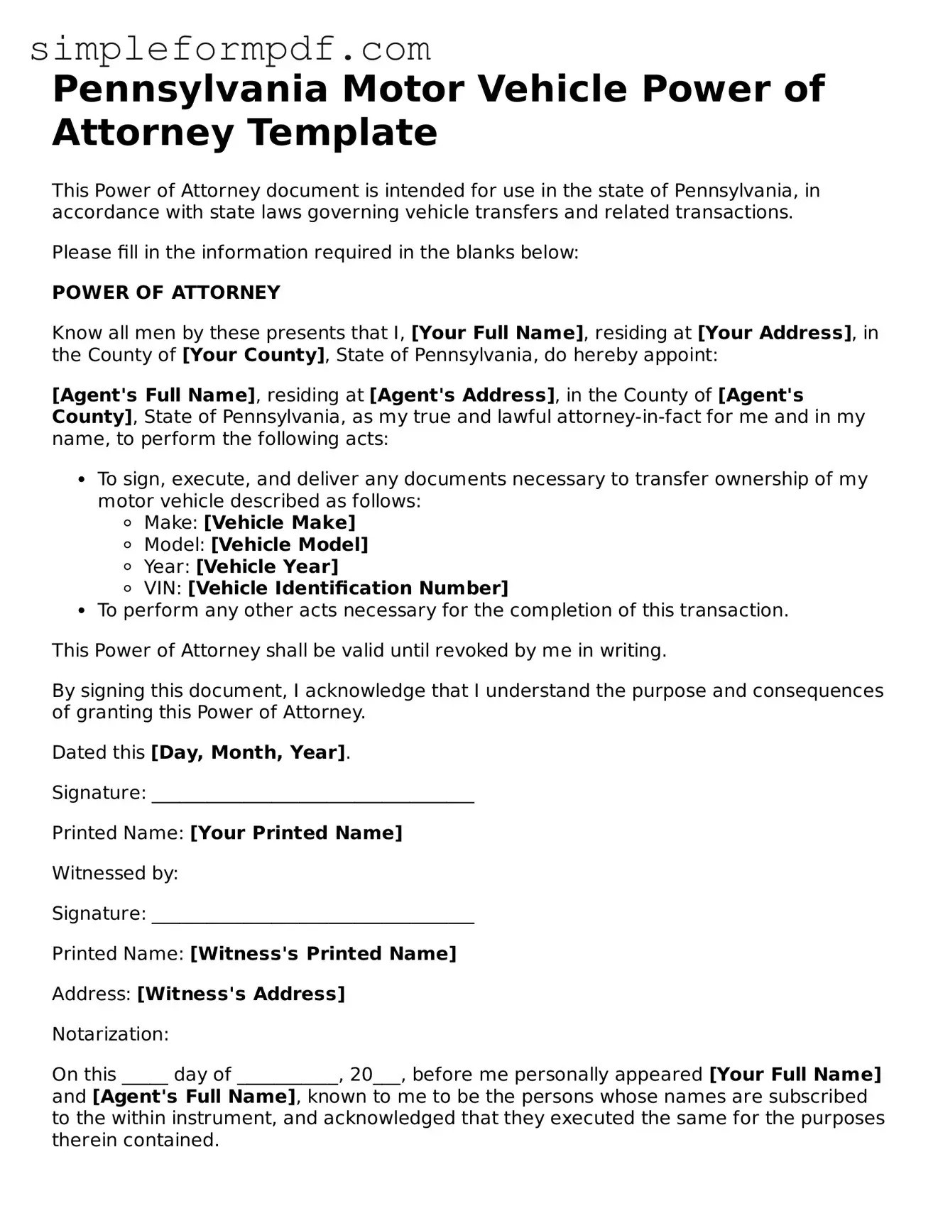 Free Motor Vehicle Power of Attorney Form for the State of Pennsylvania