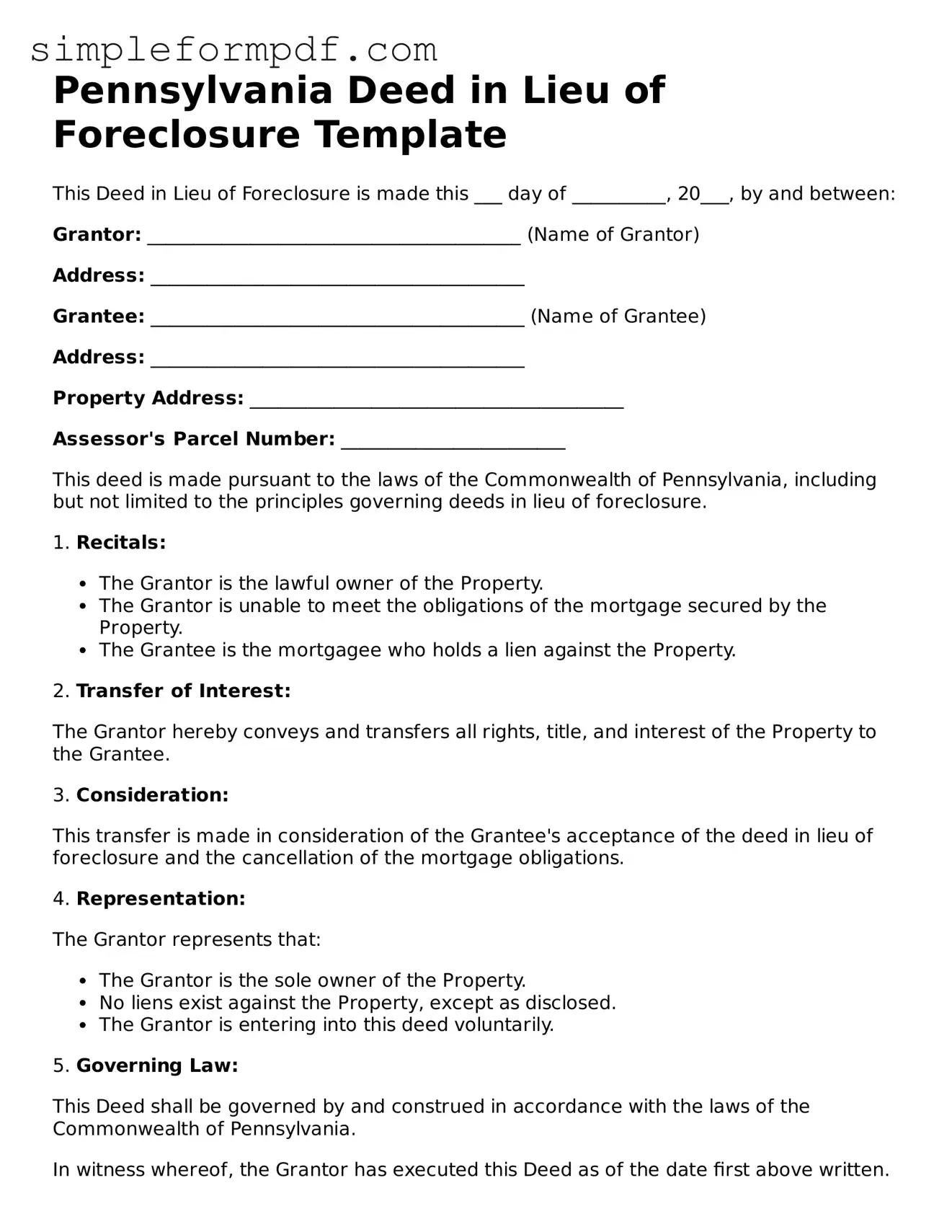 Free Deed in Lieu of Foreclosure Form for the State of Pennsylvania