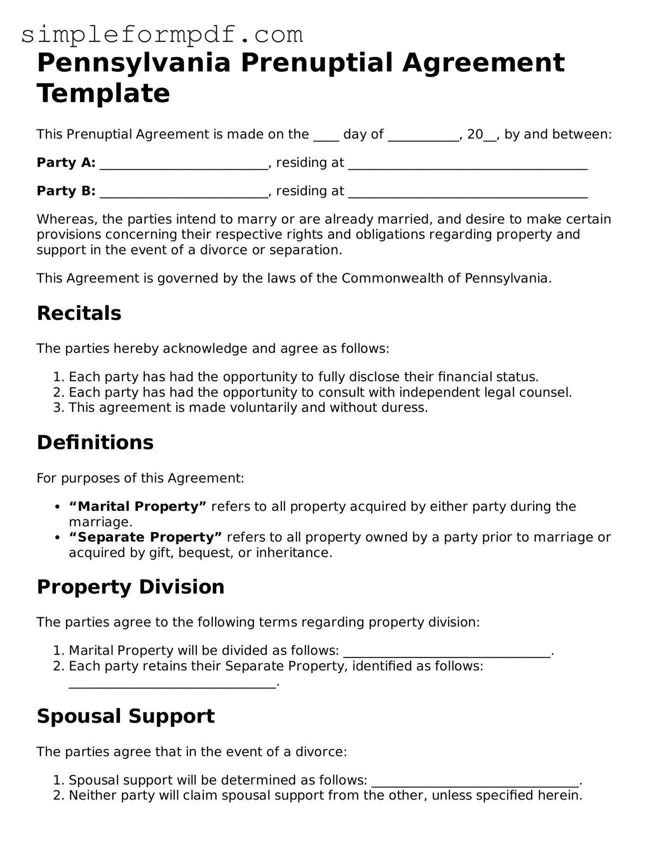 Free Prenuptial Agreement Form for the State of Pennsylvania