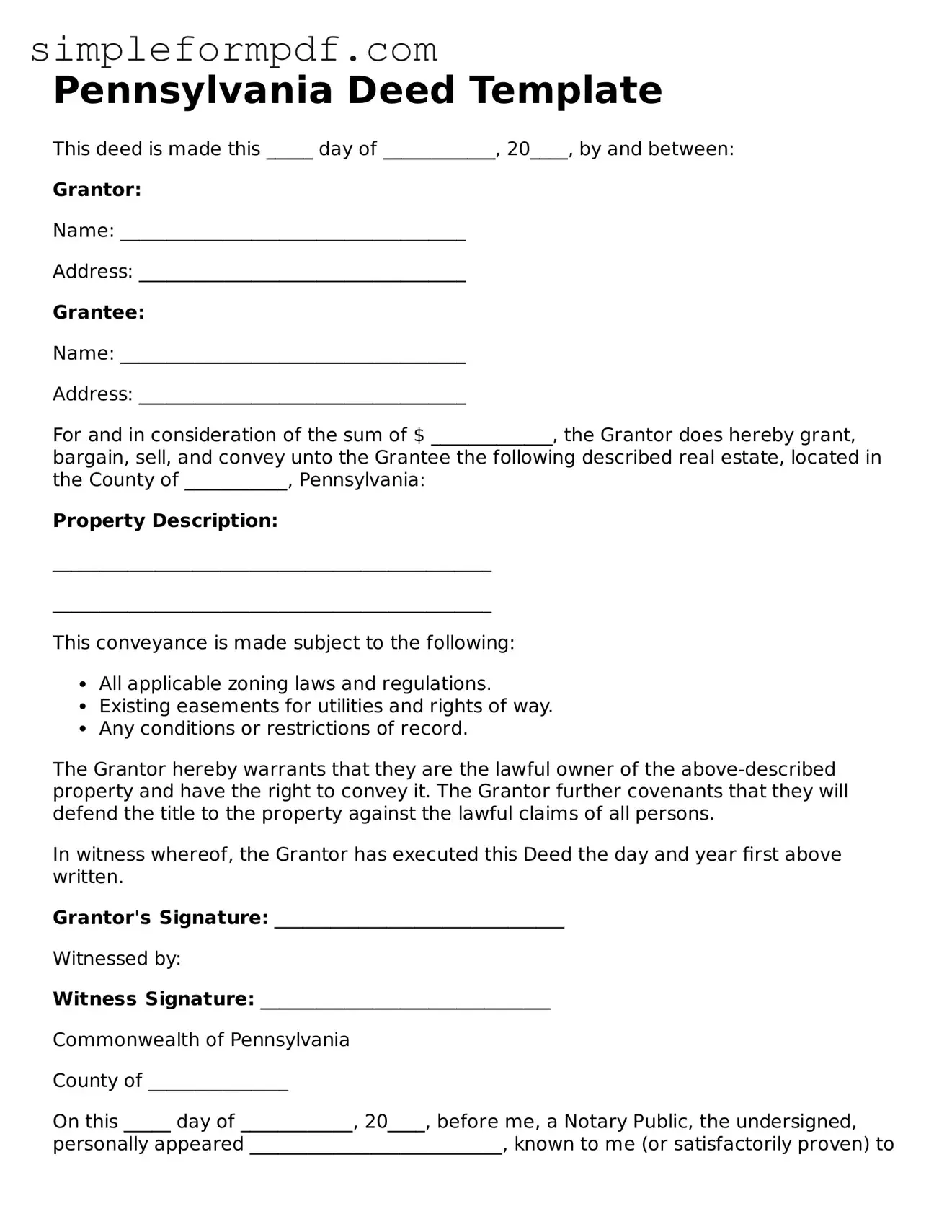 Free Deed Form for the State of Pennsylvania