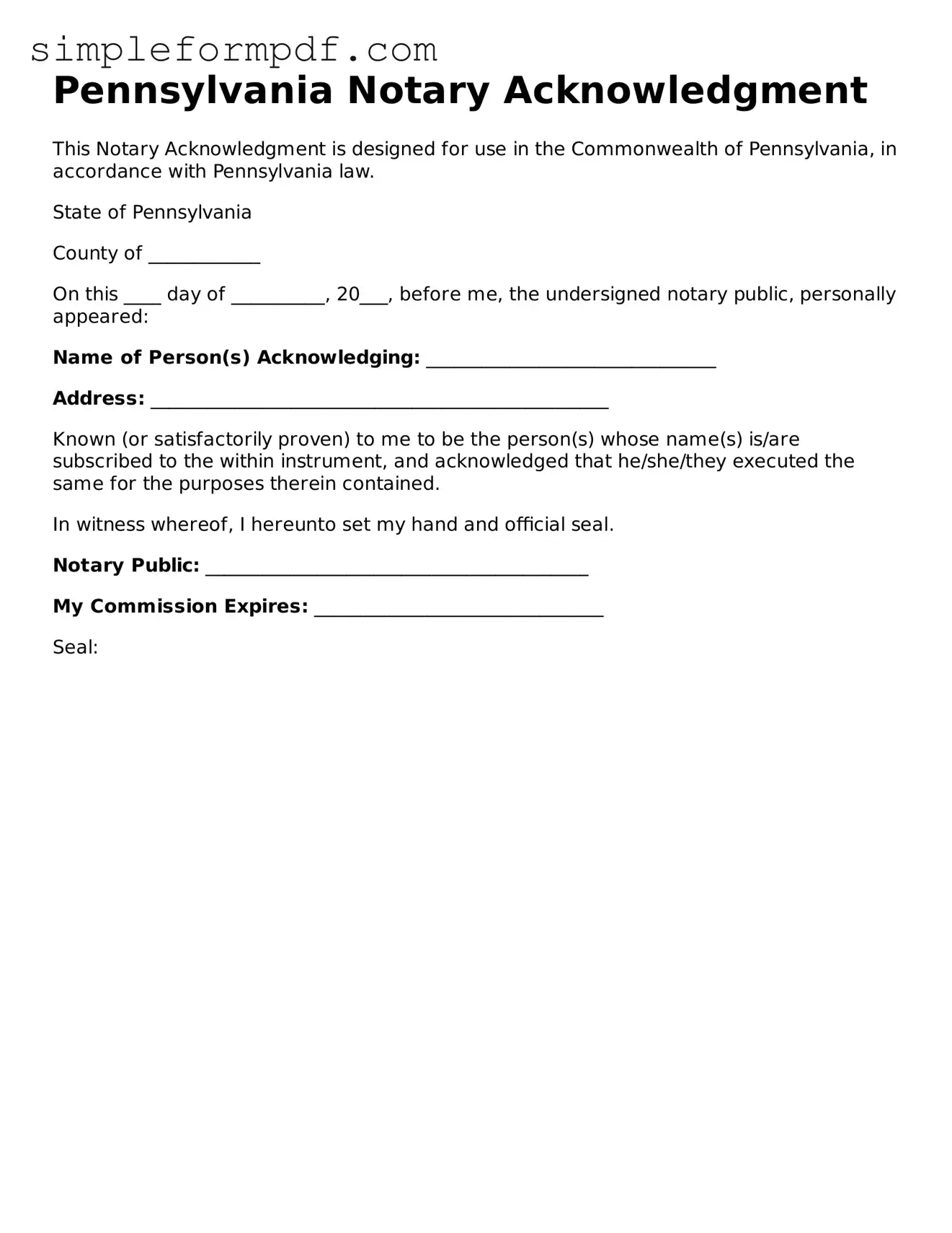 Free Notary Acknowledgement Form for the State of Pennsylvania