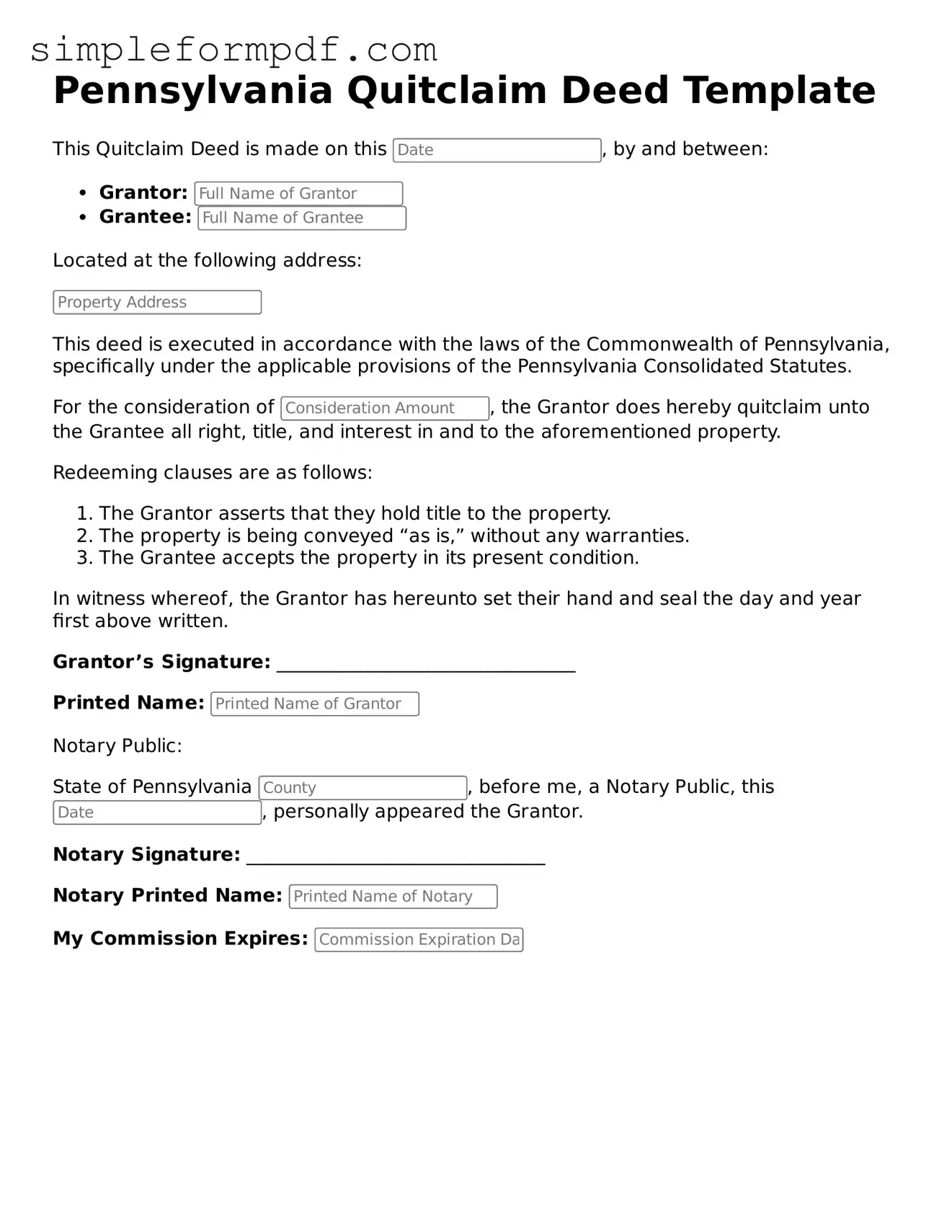 Free Quitclaim Deed Form for the State of Pennsylvania