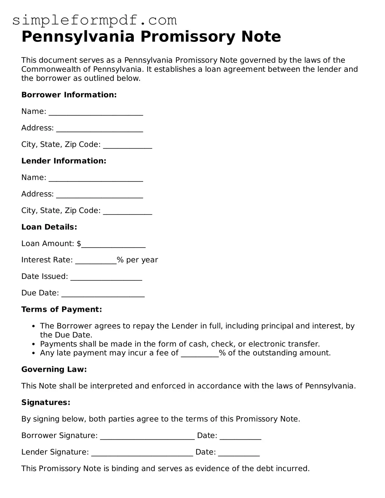 Free Promissory Note Form for the State of Pennsylvania