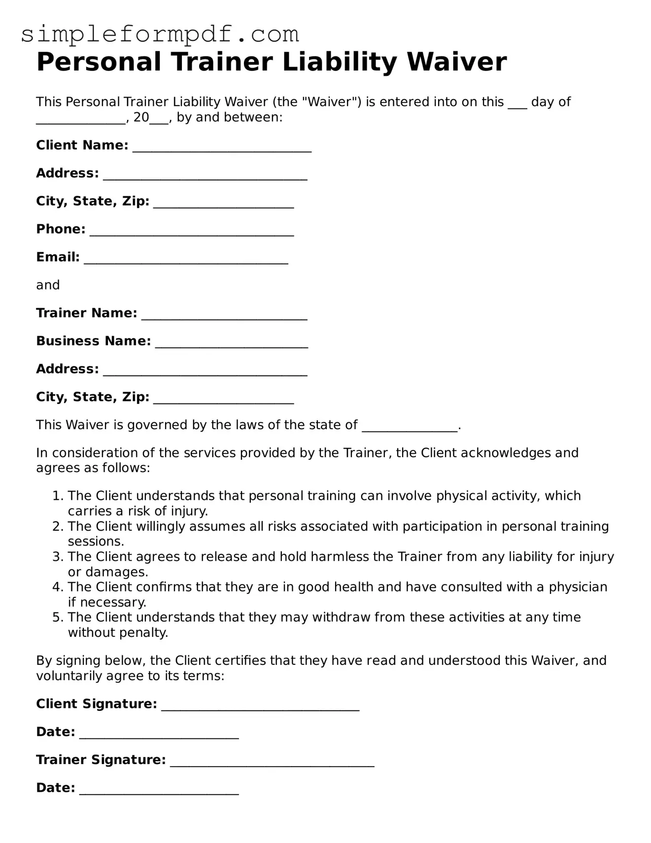 Fillable Personal Trainer Liability Waiver Template