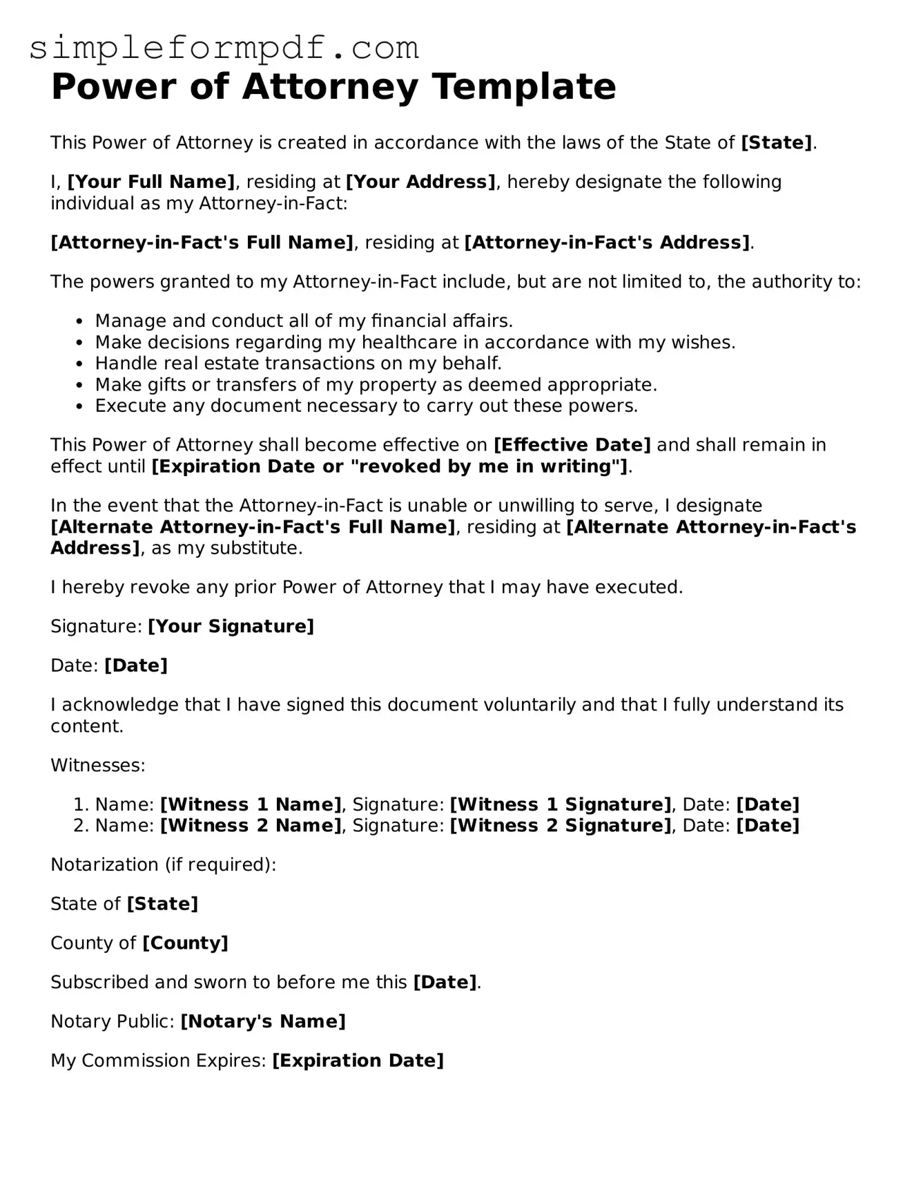 Fillable Power of Attorney Template