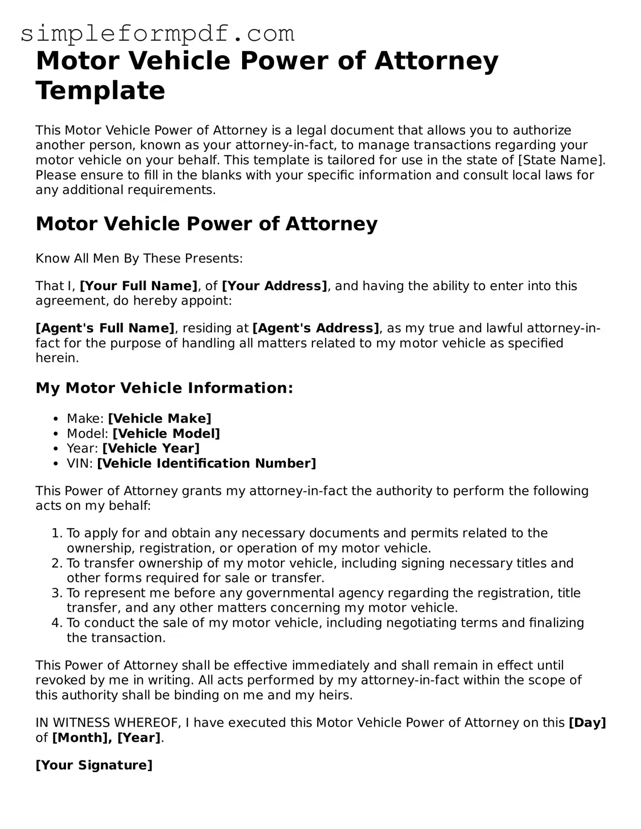 Fillable Motor Vehicle Power of Attorney Template