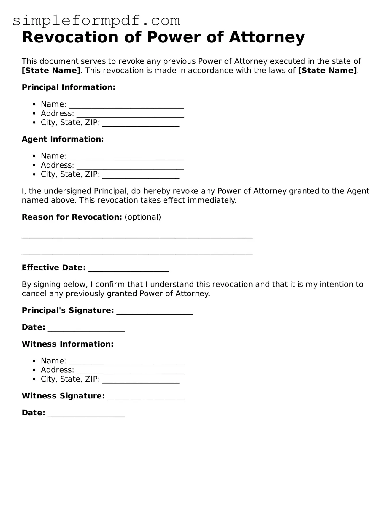 Fillable Revocation of Power of Attorney Template