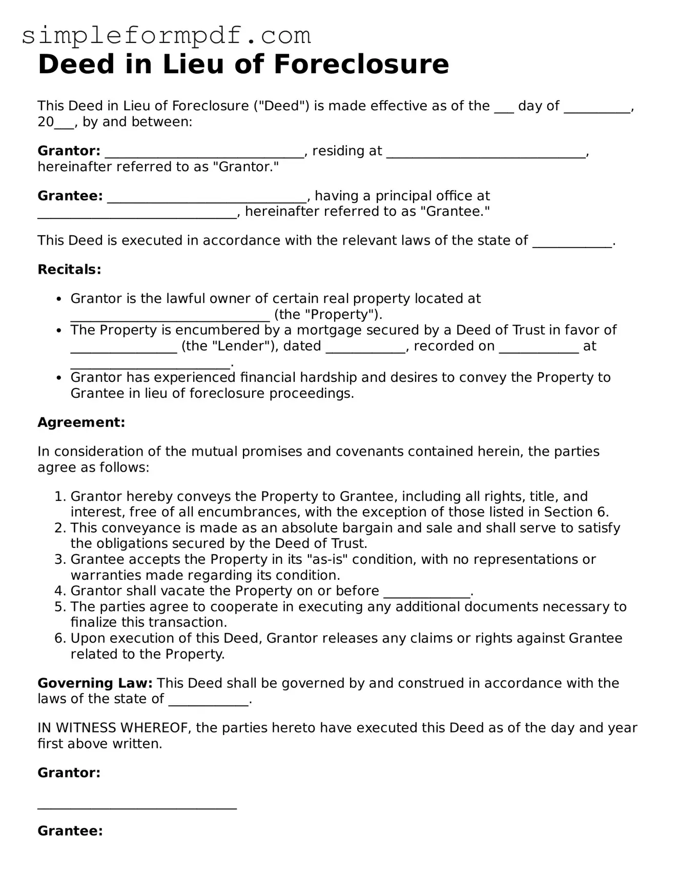 Fillable Deed in Lieu of Foreclosure Template