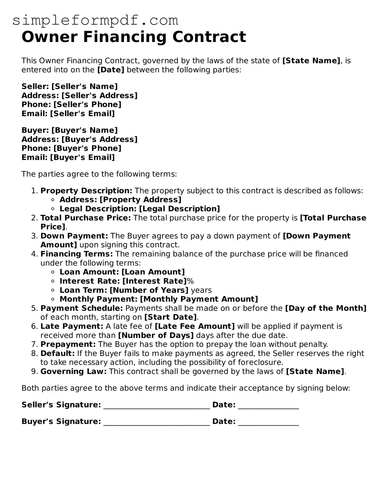 Fillable Owner Financing Contract Template