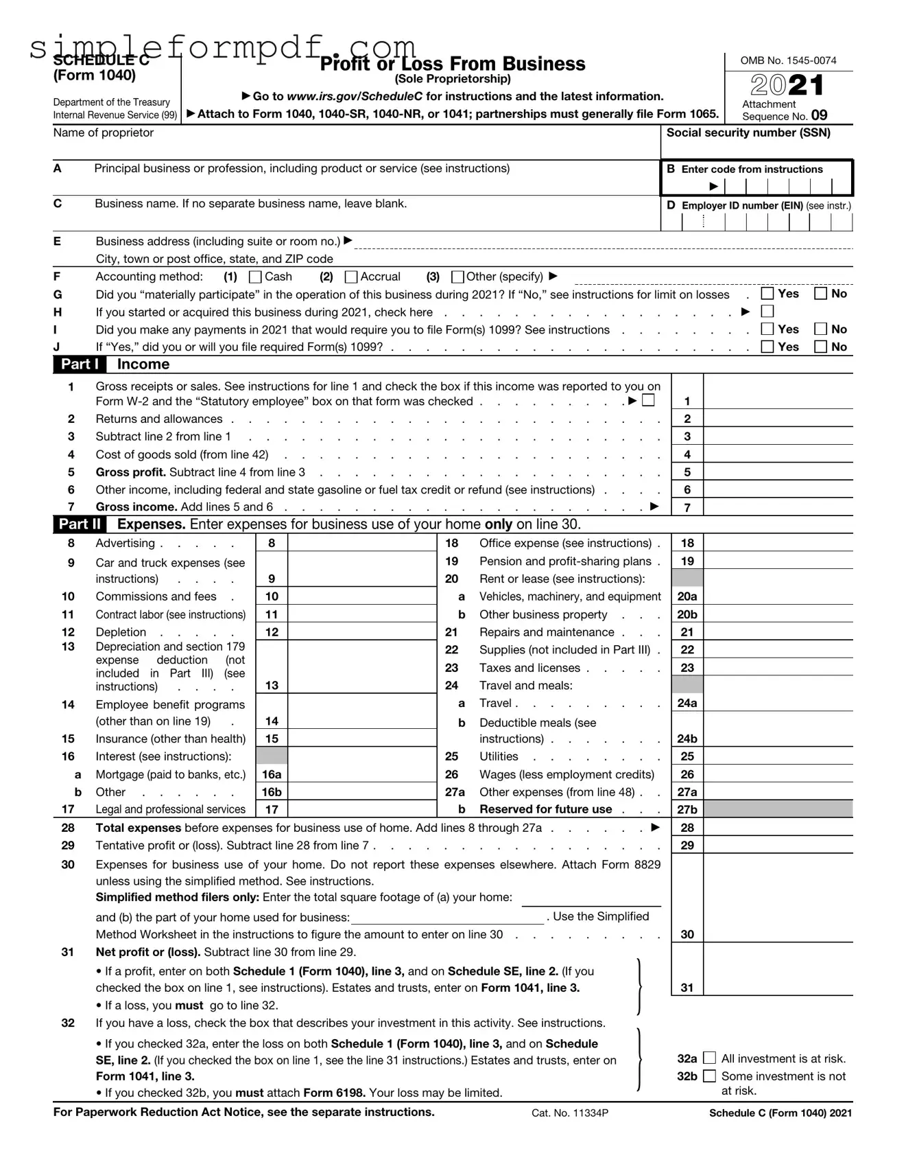 IRS Schedule C 1040 PDF Form