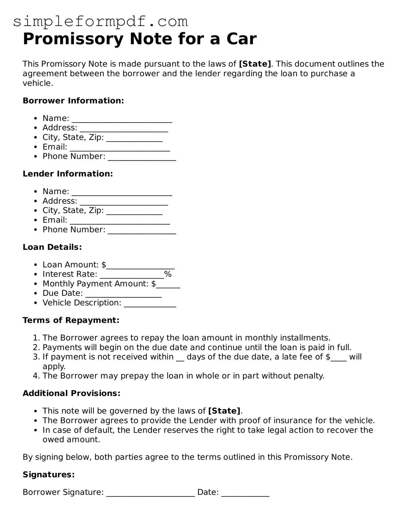 Fillable Promissory Note for a Car Template