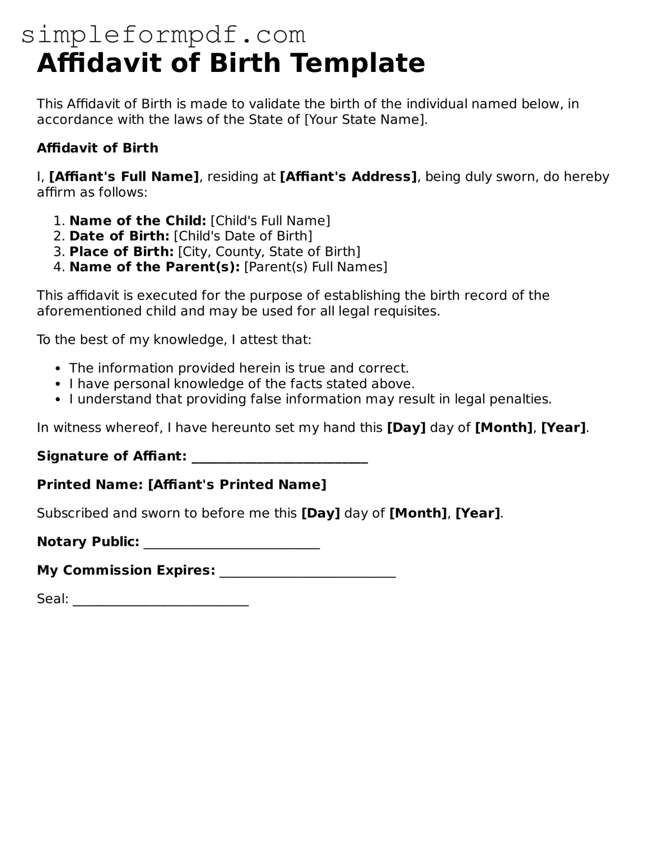 Fillable Affidavit of Birth Template