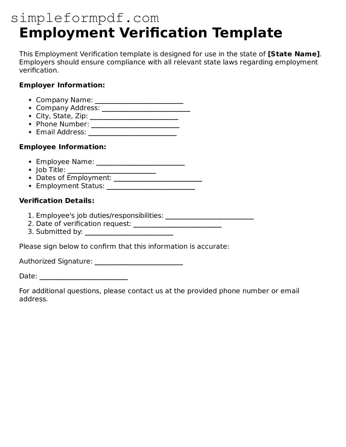 Fillable Employment Verification Template