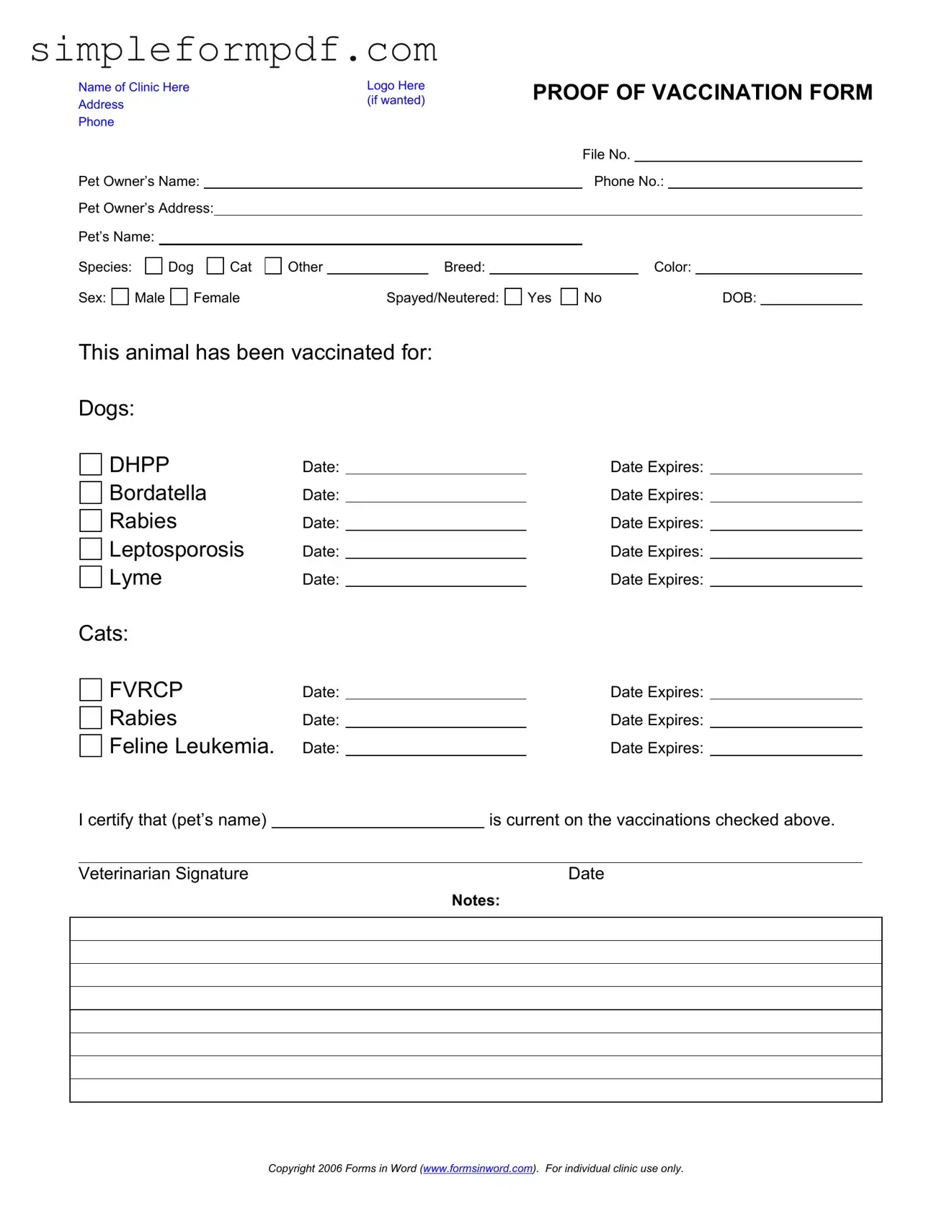 Proof Of Vaccination Dog PDF Form