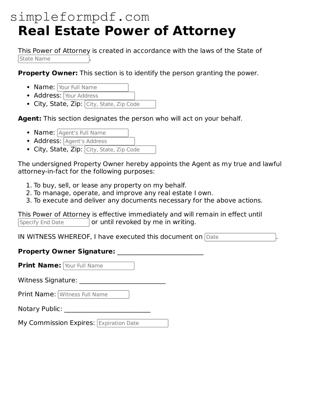 Fillable Real Estate Power of Attorney Template