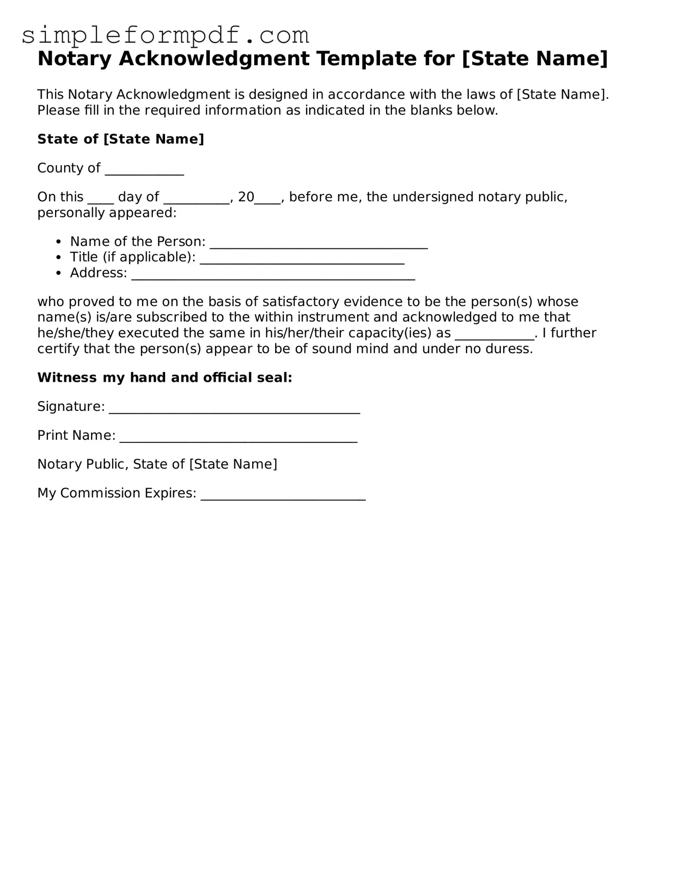 Fillable Notary Acknowledgement Template