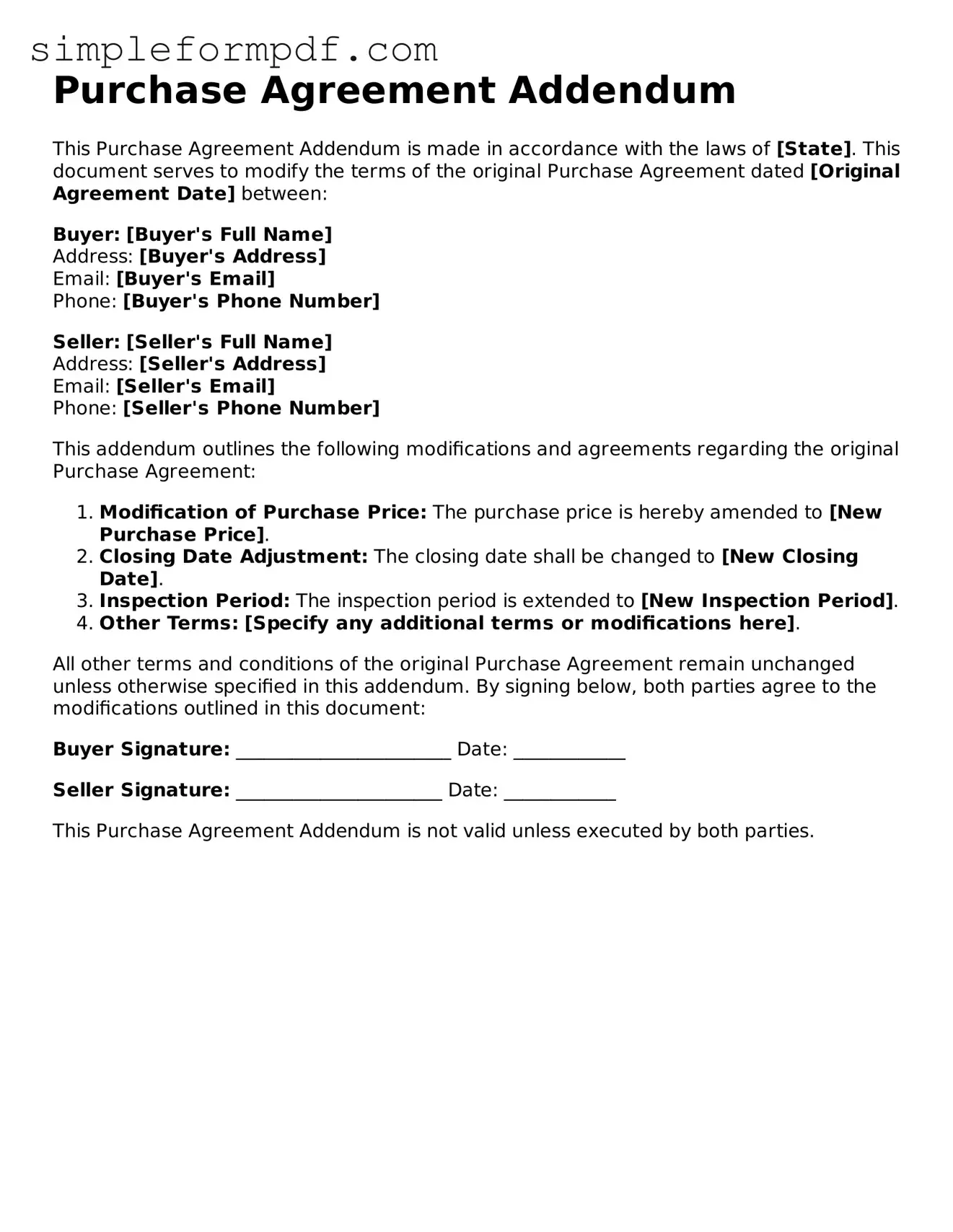 Fillable Purchase Agreement Addendum Template